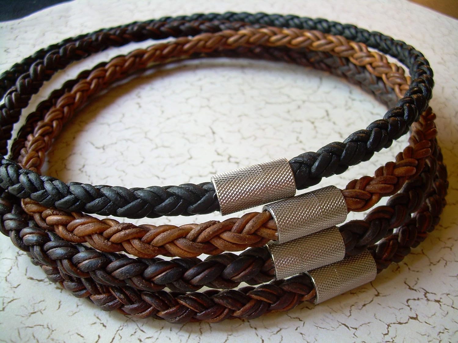 Mens Thick Braided Leather Necklace With Stainless Steel Industrial Magnetic Clasp