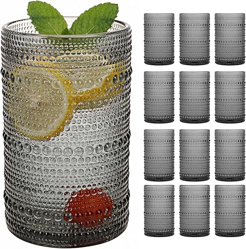 Vista 15 de Moretoes Juego de Vasos para Beber Hobnail de 12, Vasos Altos de 12 Oz Transparentes con Relieve Embosado Estilo Boho, Vasos de Agua para Cocina y 1