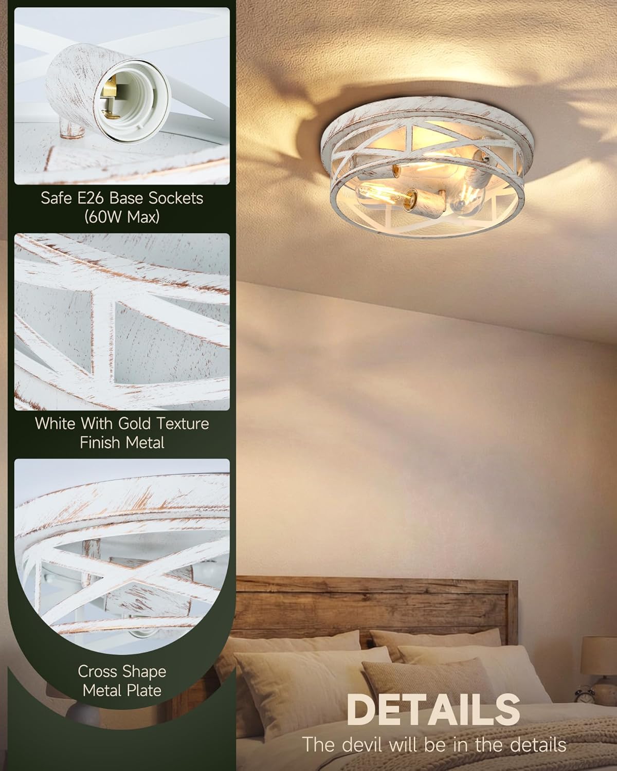 2 Pack Flush Mount Ceiling Light, 3-Light Close to Ceiling Light Fixtures, 13 Inch Metal Ceiling Lights for Bedroom, Living Room, Porch Kitchen (White + Gold)