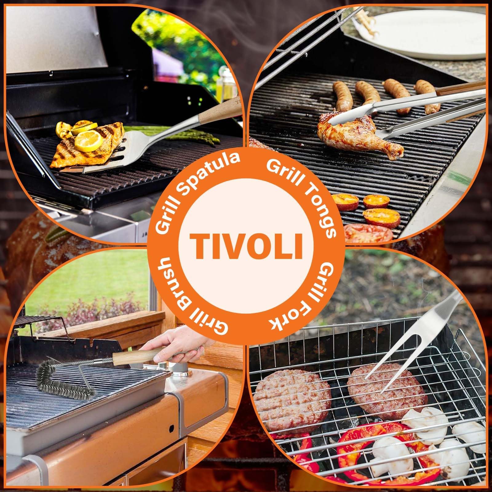TIVOLI Set di utensili per barbecue in acciaio inox, 4 pezzi | Include pinze, spatola, forchetta e spazzola per barbecue da giardino, grigliare e cucinare all'aperto con facilità.