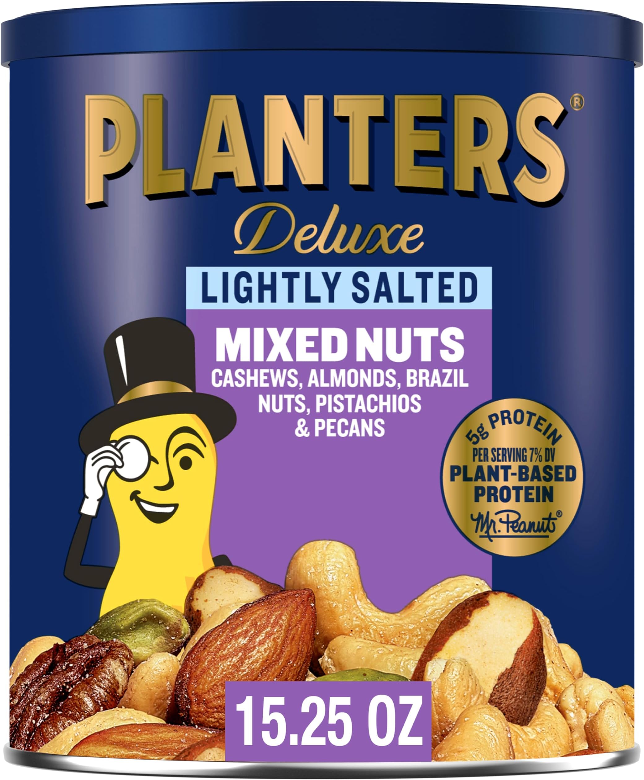 Deluxe Lightly Salted Mixed Nuts, Party Snacks, Plant-Based Protein 15.25oz (1 Canister)