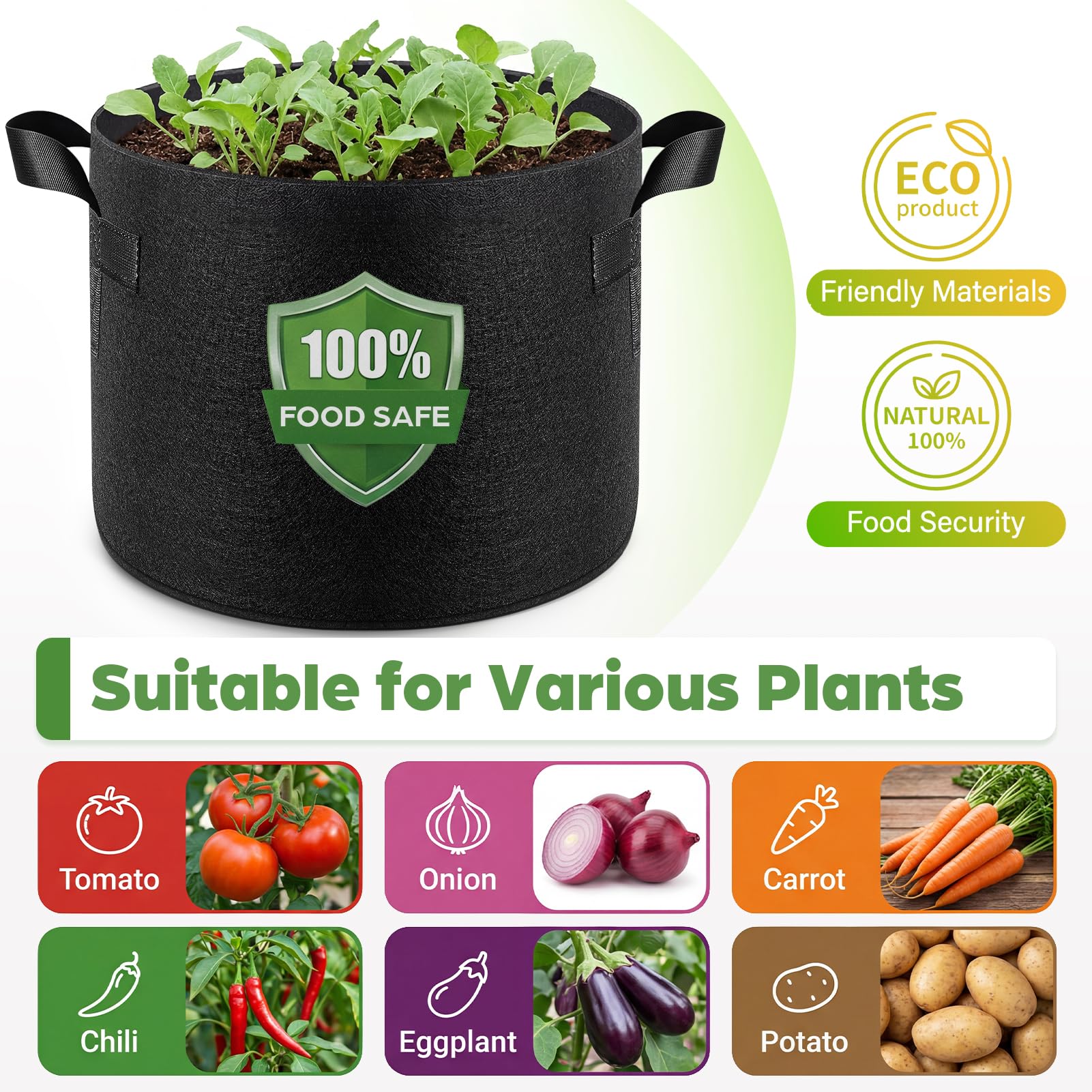 Songrey Lot de 10 sacs de culture de 50 litres en tissu non tissé épais avec poignées, pot de fleurs très résistant pour tomates, légumes et fleurs