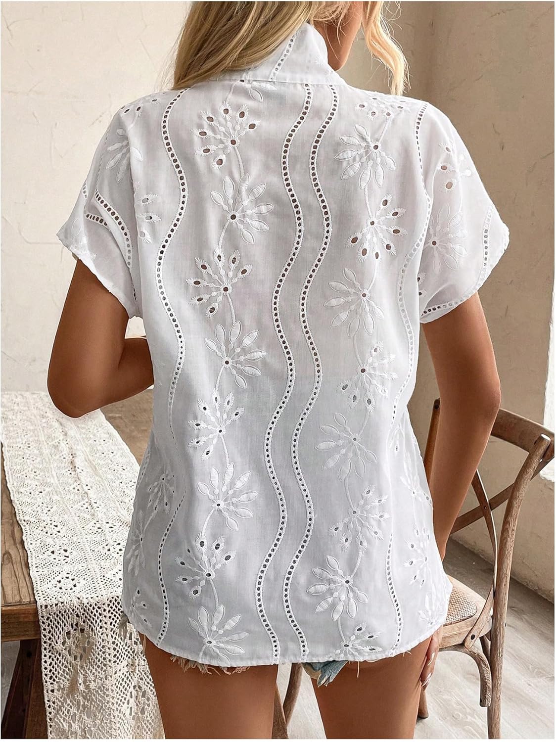 SHENHE Women's Floral Embroidered Short Sleeve Boho Blouse Mock Neck Eyelet Top Shirt - Image 2