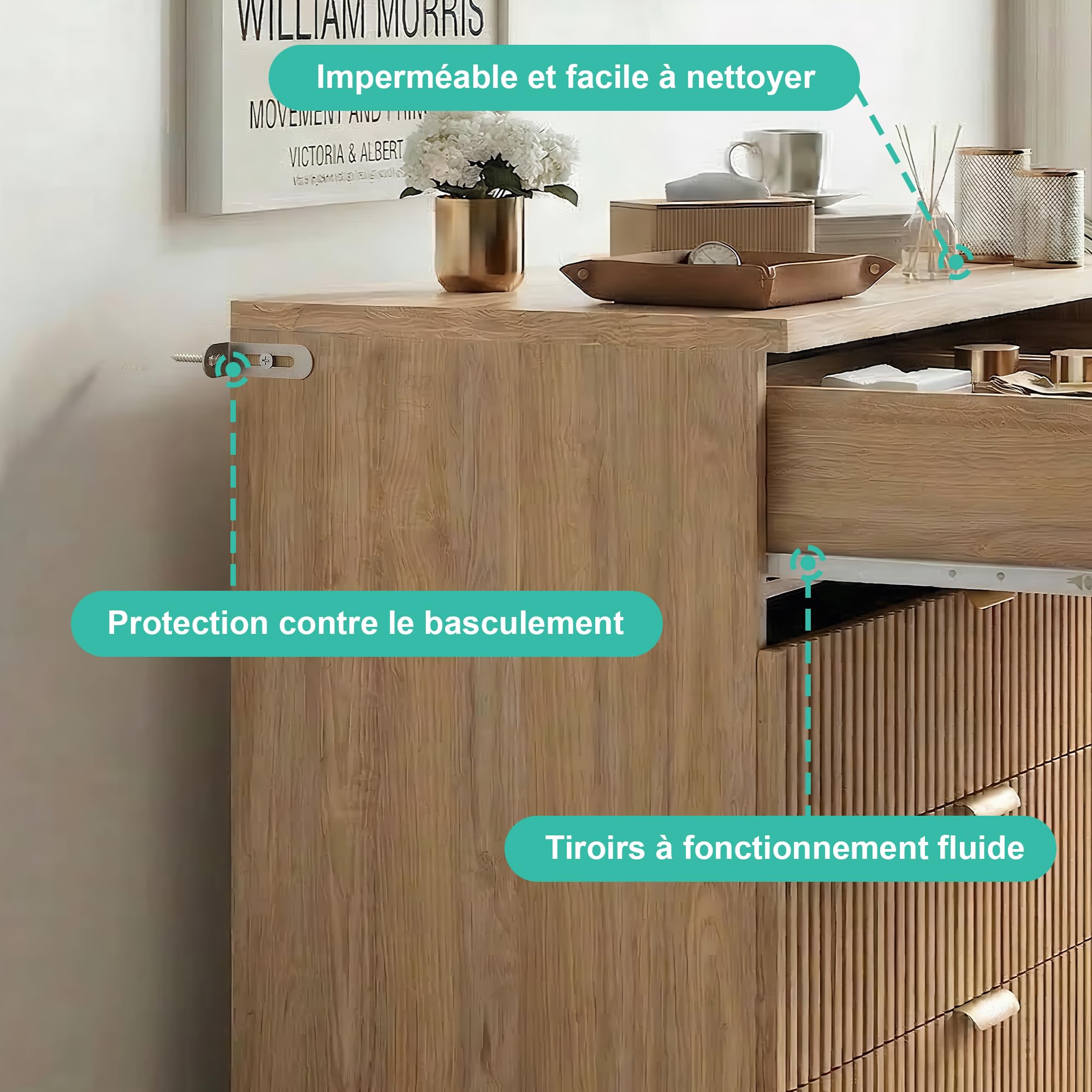 Commode Rangement en Bois, Chiffonnier 5 tiroirs avec antichute et Pieds surélevés, Meuble 40 cm de Profondeur pour Chambre, Entrée, Salon, Bureau, 73x40x108 cm