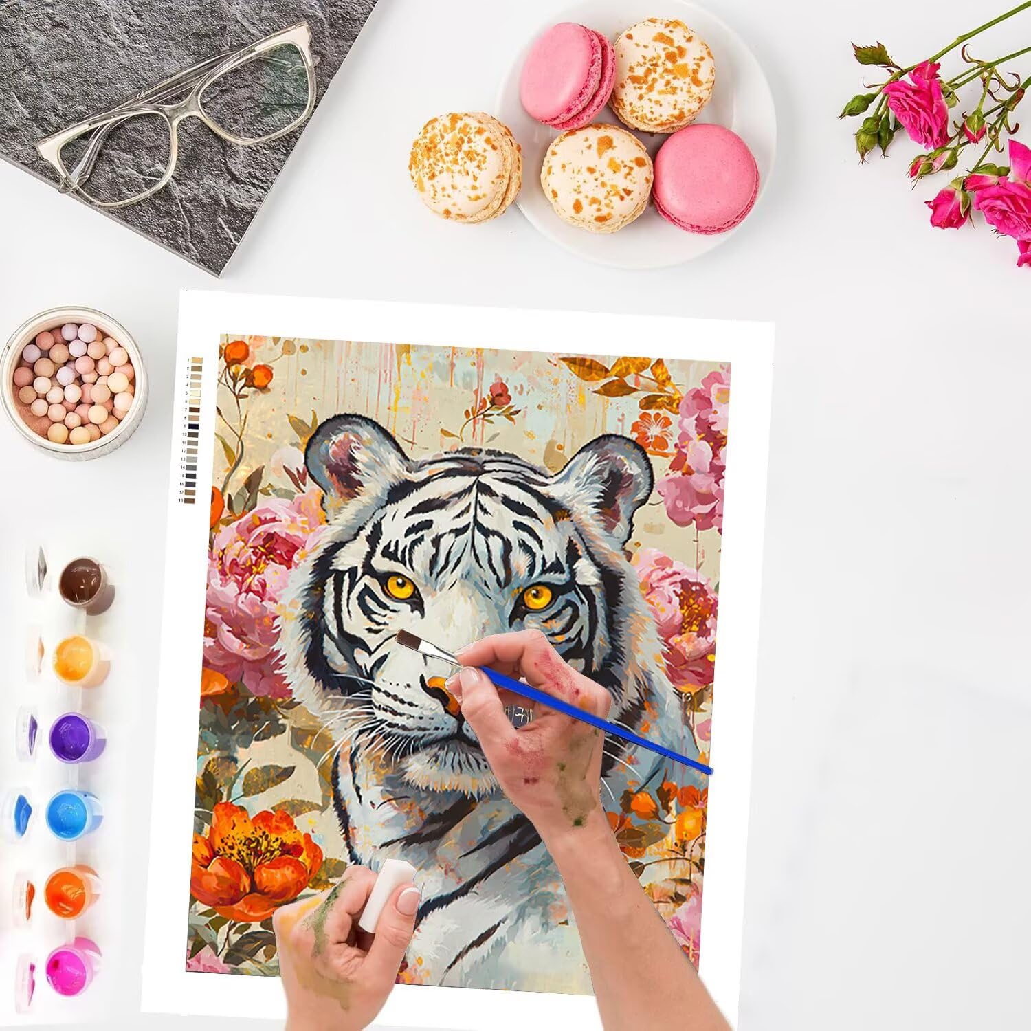 WEISHIWE Weißer Tiger Malen Nach Zahlen Erwachsene Anfänger, 80x100cm c-11 | Malen nach Zahlen Erwachsene Leinwand Kit, DIY Handgemalt Ölgemälde Set mit 3-Pinseln und Acrylfarbe für Wanddeko,Ohne Rahmen
