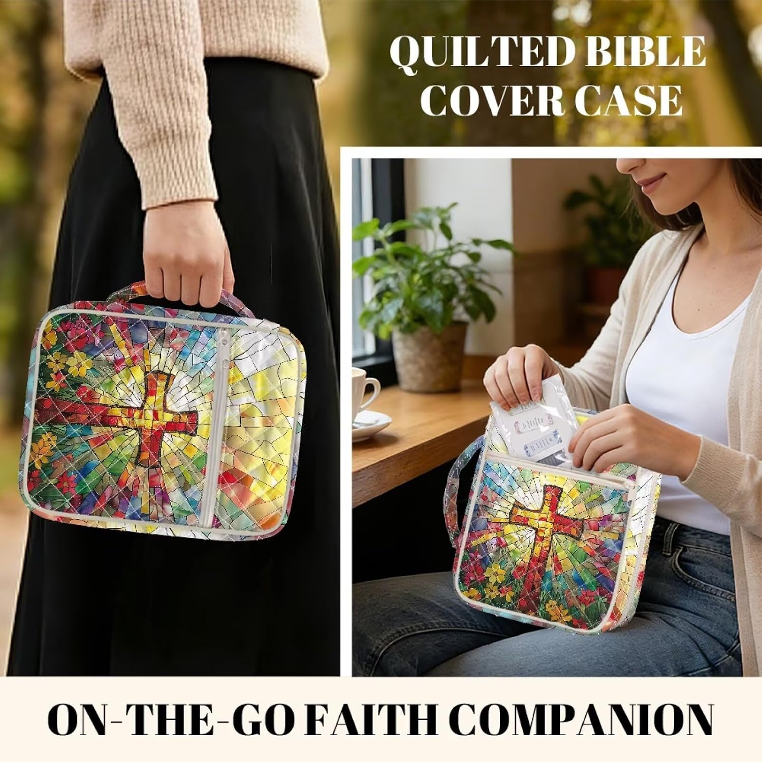 Bible Cover Case for Women,Church Stained Glass Floral Cross Large Bible Bag with Study Supplies,Cotton Quilted Bible Carrying Case Accessories Portable Bible Study Gifts for Travel Christian image 4