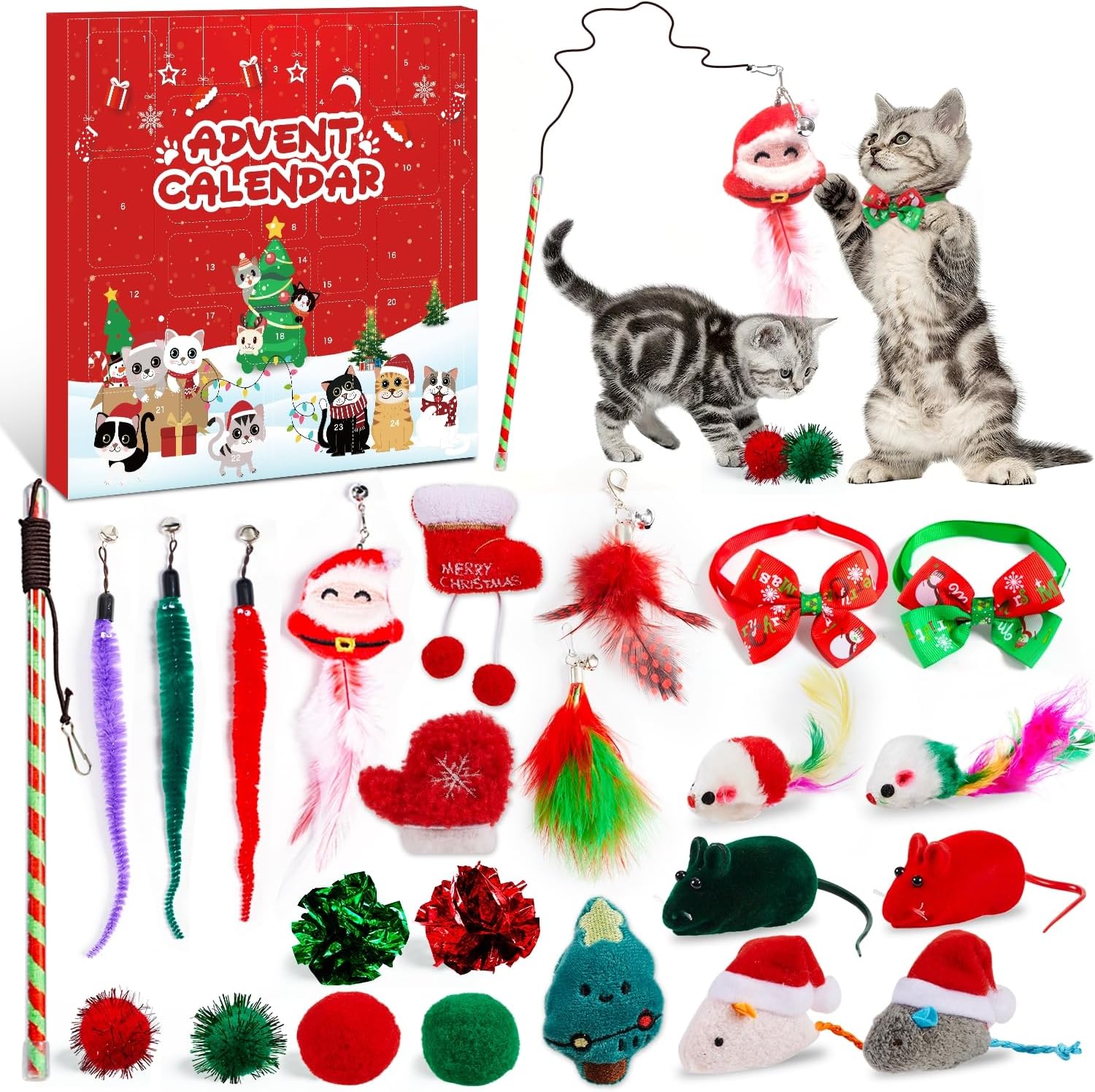 Cat Advent Calendar 2025, 24 Day Advent Calendar for Pets with Assorted Cat Interactive Toys Countdown Calendar for Kitten Flurry Friends