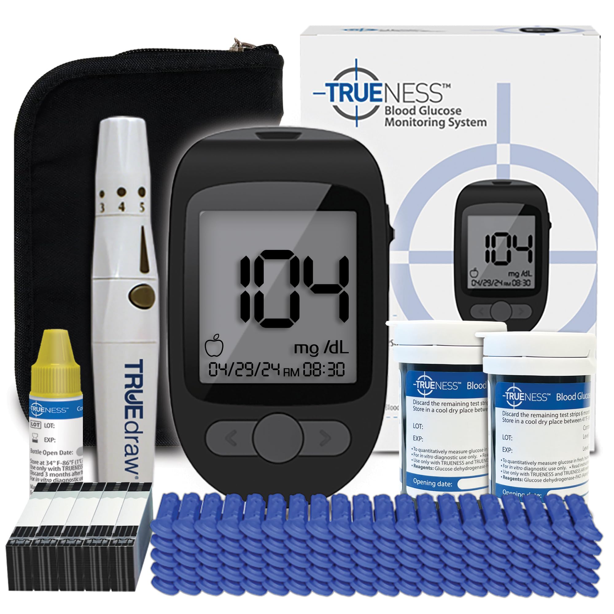 TRUENESS Blood Glucose Meter Bundle - Includes Meter, Meter Case, 100 Test Strips, 100 Lancets, Lancing Device and Control Solution - Ideal for Testing Blood Sugar Levels & Diabetes Management