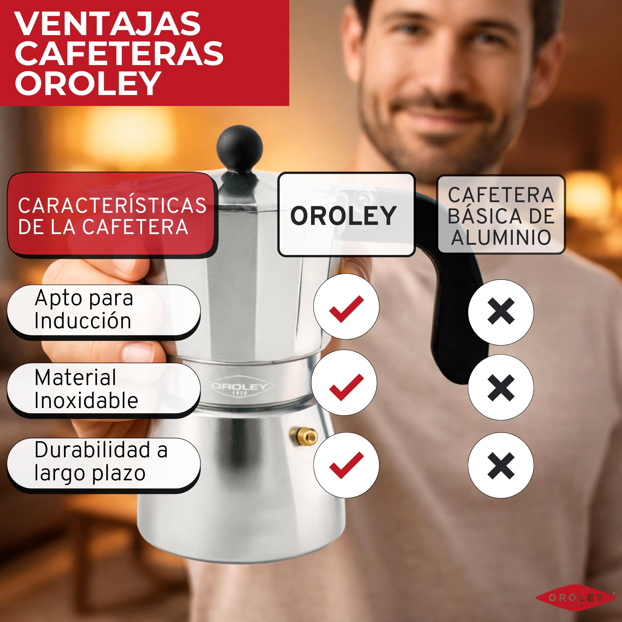 Oroley - Cafetera Italiana Arges | Acero Inoxidable | 2-4 - 6-9 Tazas | Cafetera Inducción, Vitrocerámica, Fuego y Gas | Estilo Tradicional (9 Tazas)