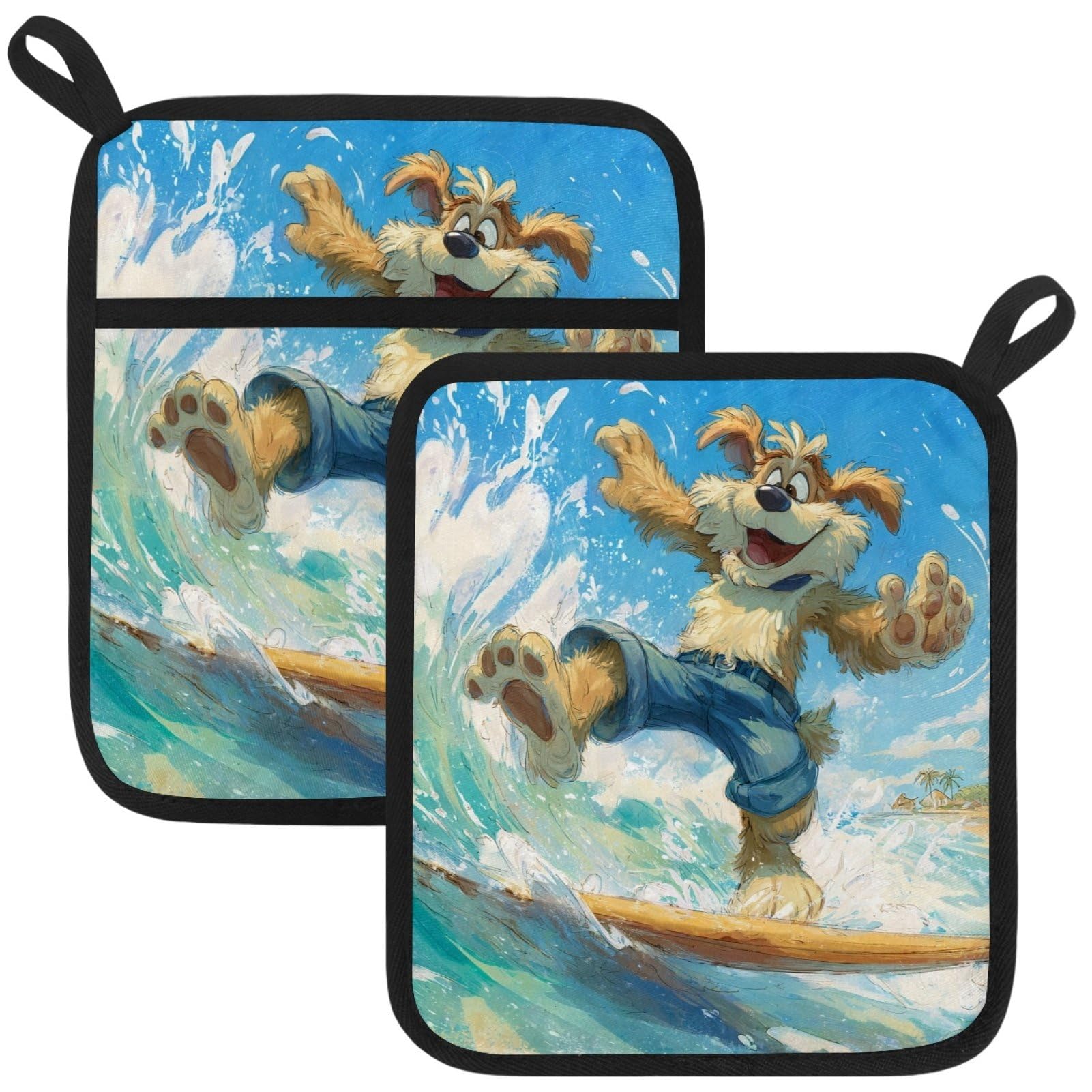 VAPOKF Surfing Dog Pot Holders with Pocket for Kitchen Heat Resistant Potholders Large Polyester-Cotton Square Oven Mitts Set