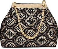 LONGING TO BUY Embroidered Silk Potli Bag with Pearl Handle - Indian Ethnic Designer Wrist Purse for Weddings