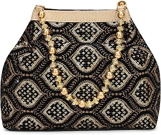 LONGING TO BUY Embroidered Silk Potli Bag with Pearl Handle - Indian Ethnic Designer Wrist Purse for Weddings