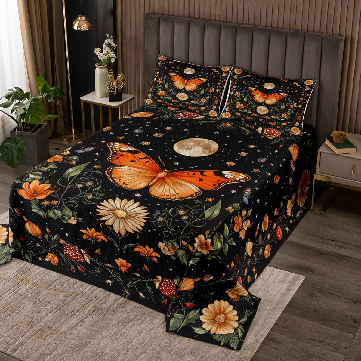 Erosebridal Kids Queen Size Dragonfly Quilt Set,Starry Sky Coverlet Set for Boys Teens Women Bedroom Decor, Wild Flower Bedspread Set Boho Floral Galaxy Bed Set 3 Piece with 2 Pillow Cases