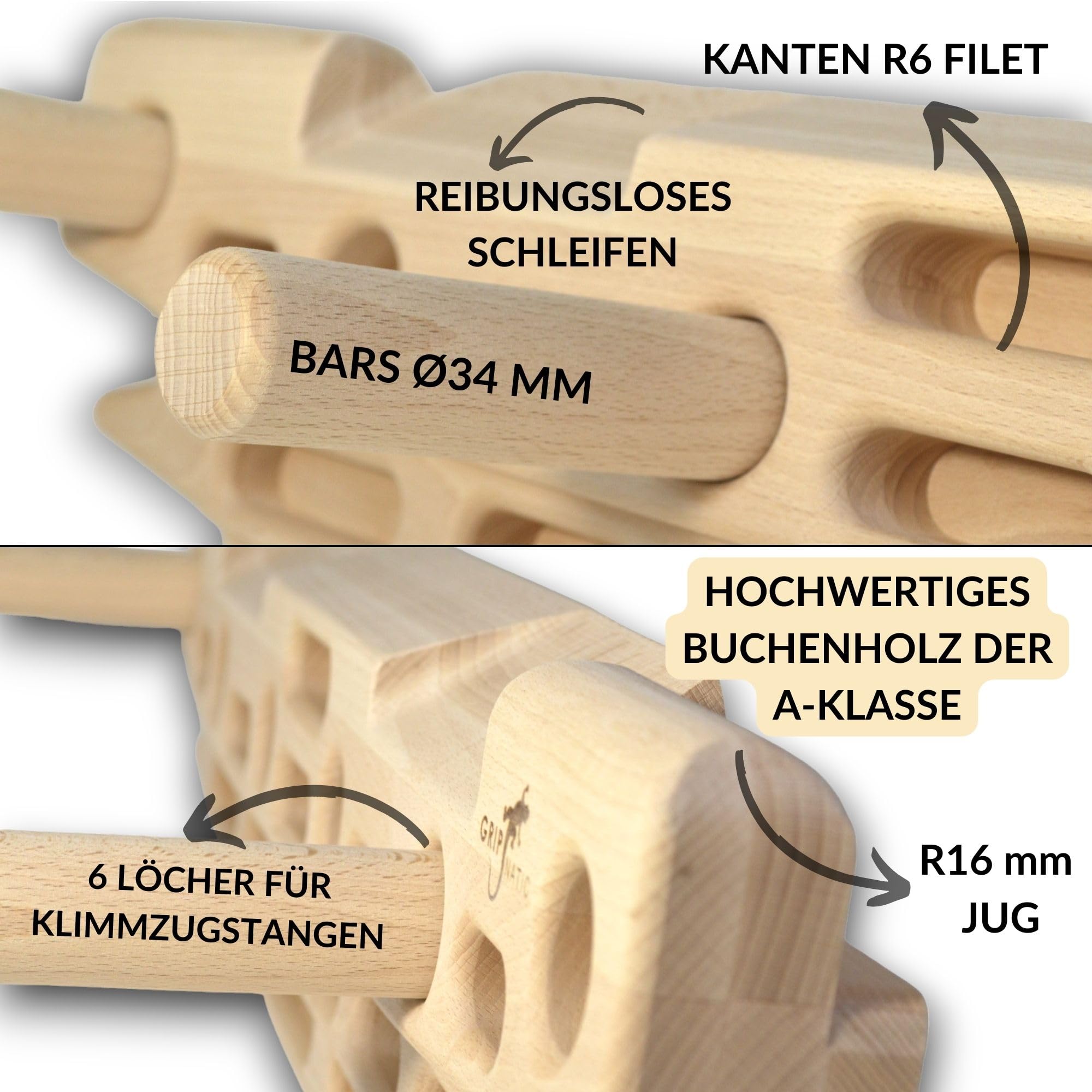 FingerPeg 1.0 Hangboard - Kletterbrett - Fingerboard - Pegboard Griffe - Buchenholz der Klasse A - mit Calisthenics-Stangen für Klimmzüge - einzigartiges Design - 120 kg Tragfähigkeit
