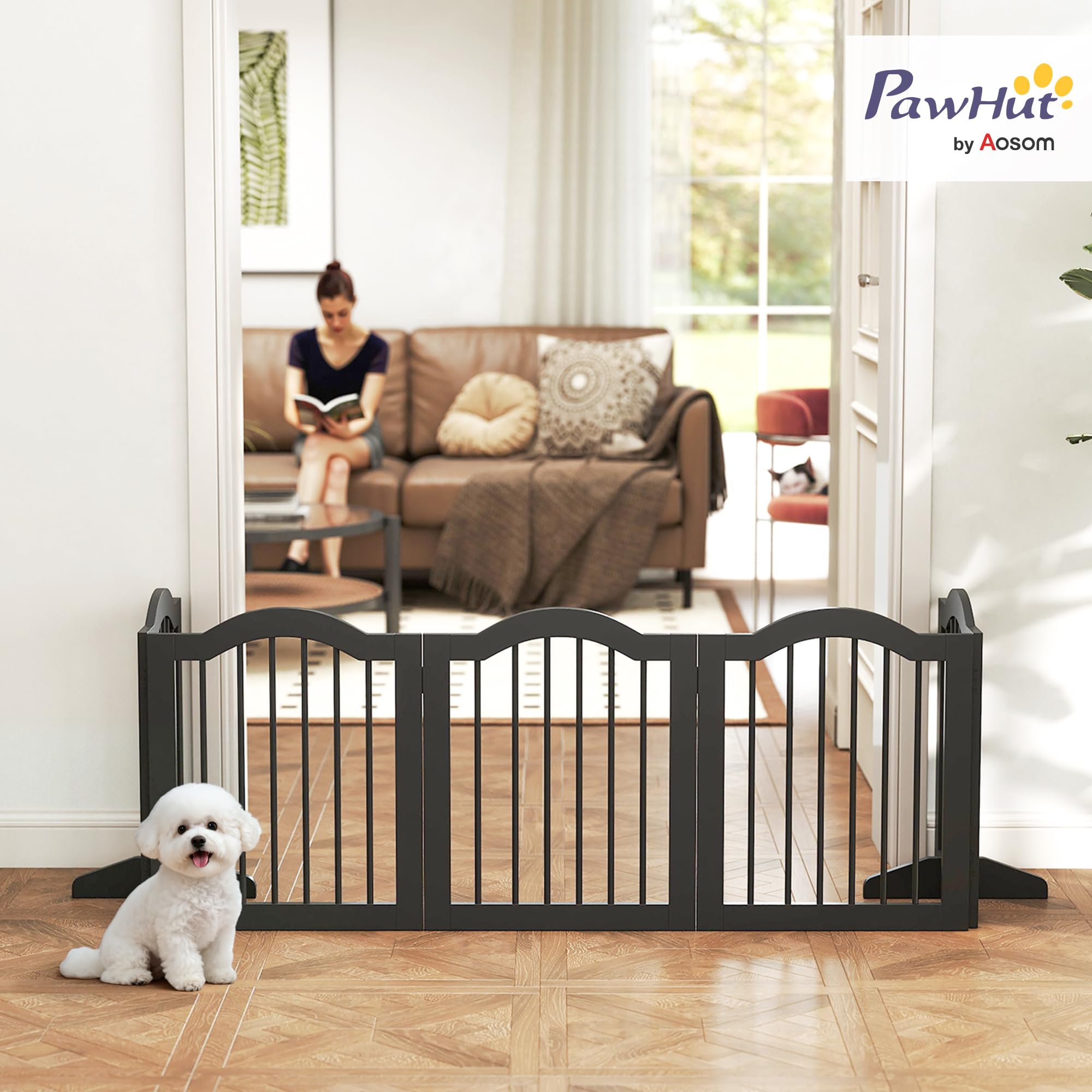 PawHut Barrera plegable para perro, 261,5 x 61 cm, color negro | Rejilla para perros de 5 piezas con puerta, con 2 patas de apoyo, rejilla para escaleras para cocina, pasillo
