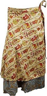 Womens Wrap Skirt Sari Silk Double Layer Reversible Beige Boho Hippy Long Skirts