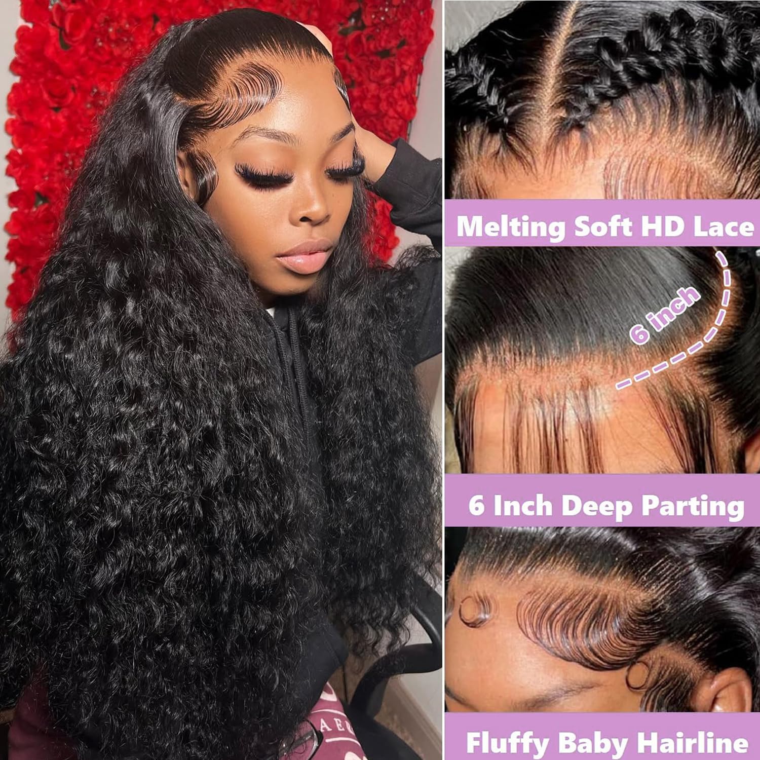 13x4 Deep Wave Lace Front Wigs Human Hair 200 Density HD Transparent Lace Frontal Human Hair Pre Plucked Glueless Wigs Human Hair for Women Natural Black 28 Inch