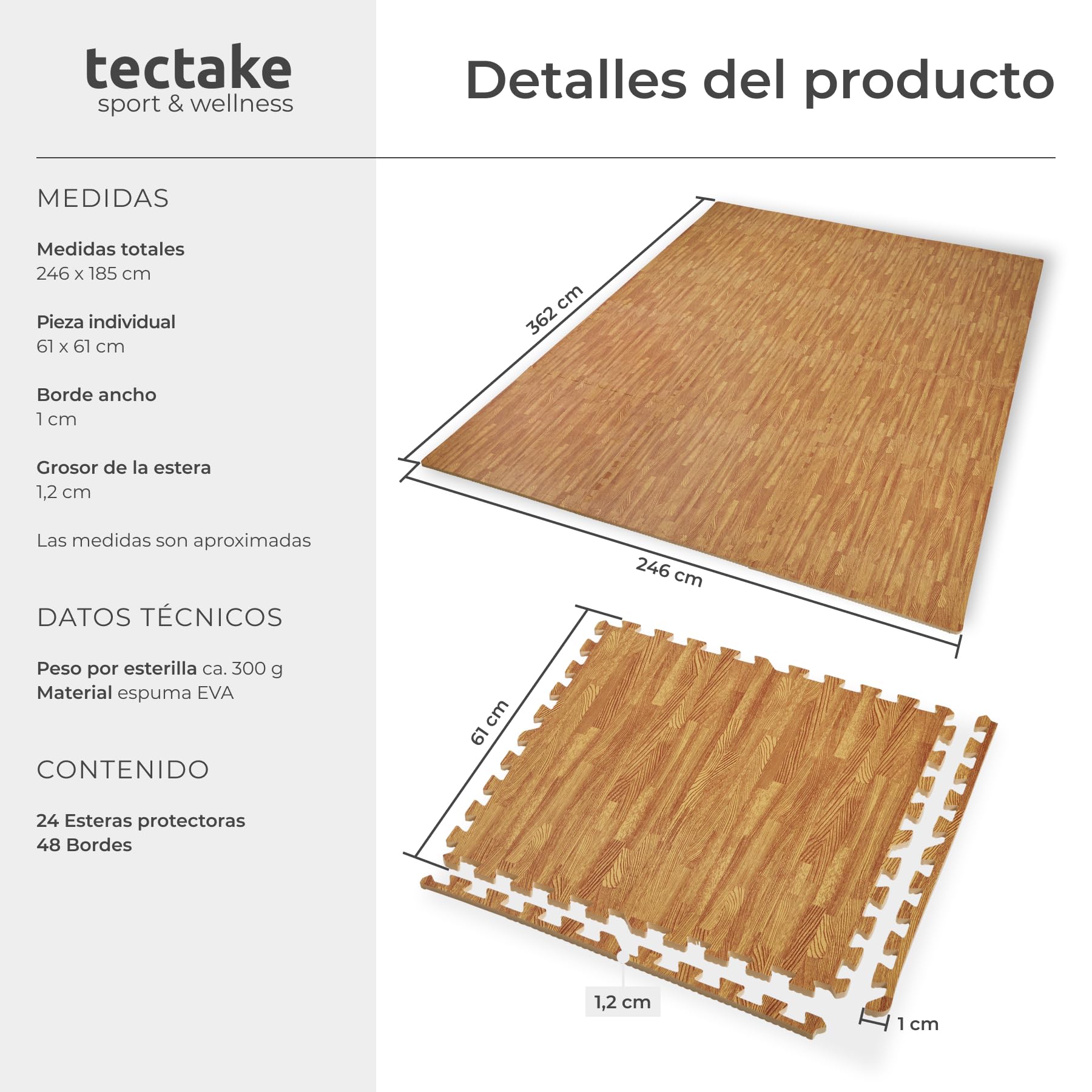 tectake® Estera Suelo Gimnasio, Alfombra Protectora Antideslizante para Gimnasio en Casa, Tatami Goma EVA Gruesa, Aislante Térmico y Acústico, Protector Suelo