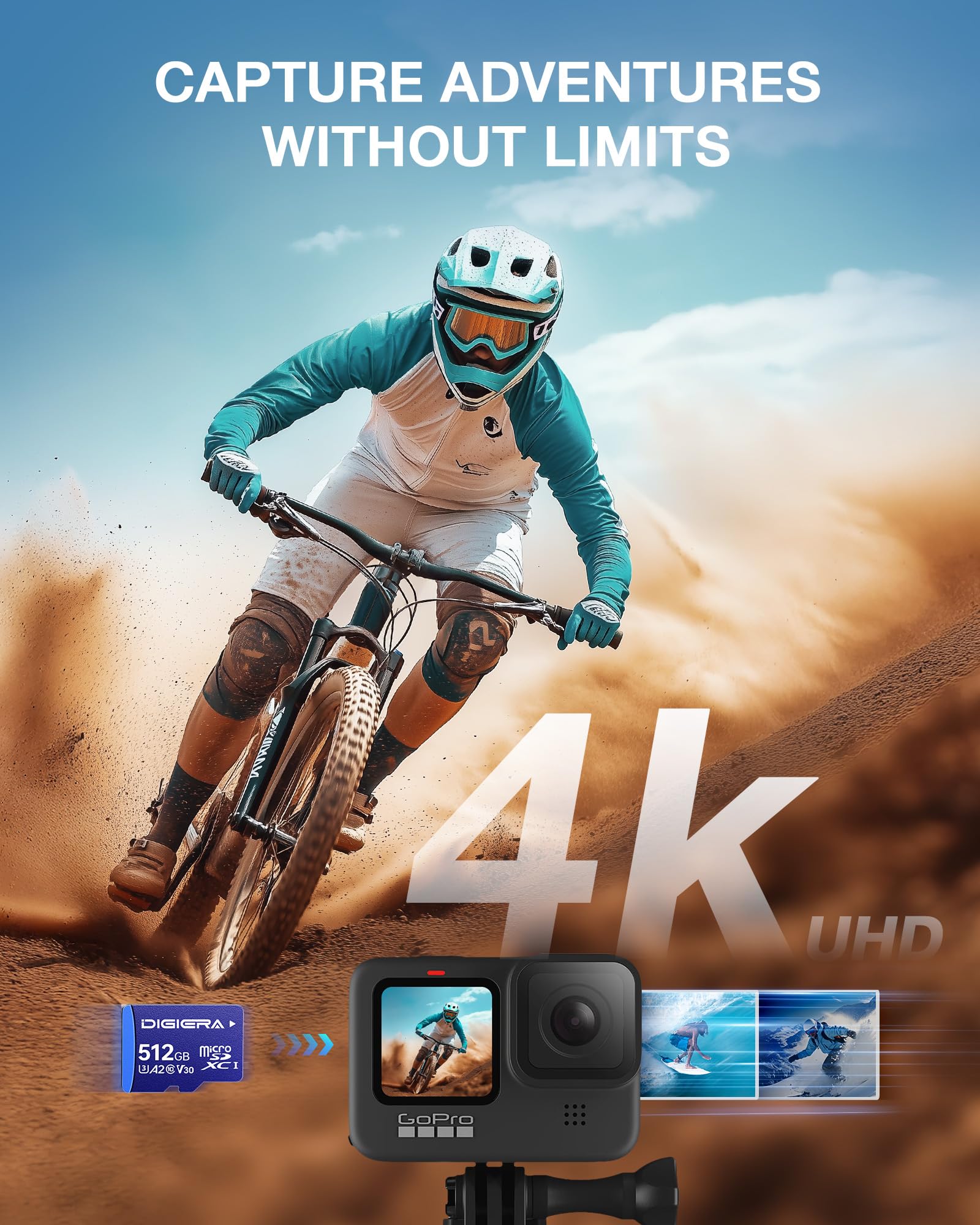 DIGIERA Karta pamięci 512 GB LT100 microSDXC UHS-I z adapterem - do 170 MB/s, C10, U3, V30, 4K, A2, karta micro SD do smartfonów, tabletów, aparatów, konsol do gier i dronów (1 opakowanie)
