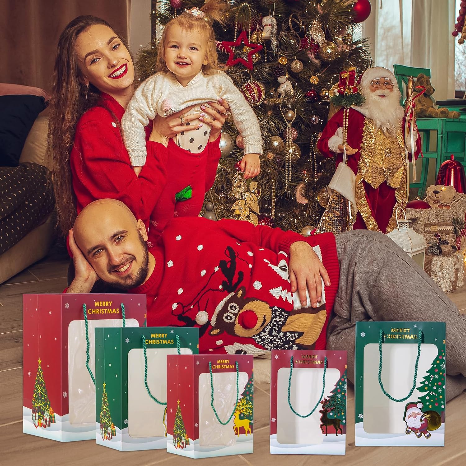 Christmas Gift Bags 6Pcs Reusable Tote Bags with Handles Red & Green Goody Bags Assorted Sizes for Paper Xmas Gifts Bags Wrapping Shopping, Holiday Gifts (2 Large 13", 2 Medium 12", 2 Small 10")