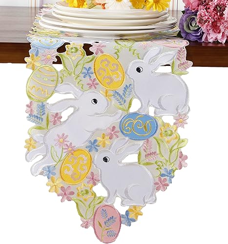 Camino de mesa de Pascua con diseño de conejitos de primavera huevos flores bordado floral y conejos huevos tocador bufanda decoración de mesa para