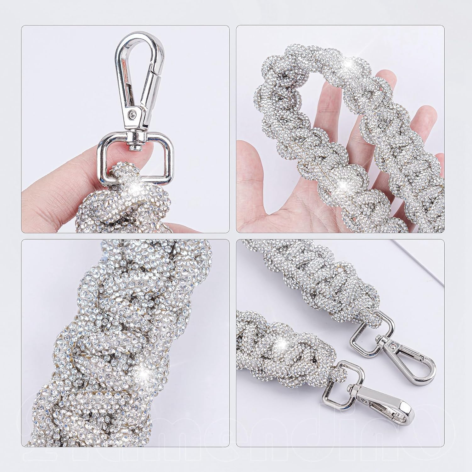 Framendino, Rhinestone Purse Strap Crystal Braid Shoulder Cross Body Bag Replacement Silver