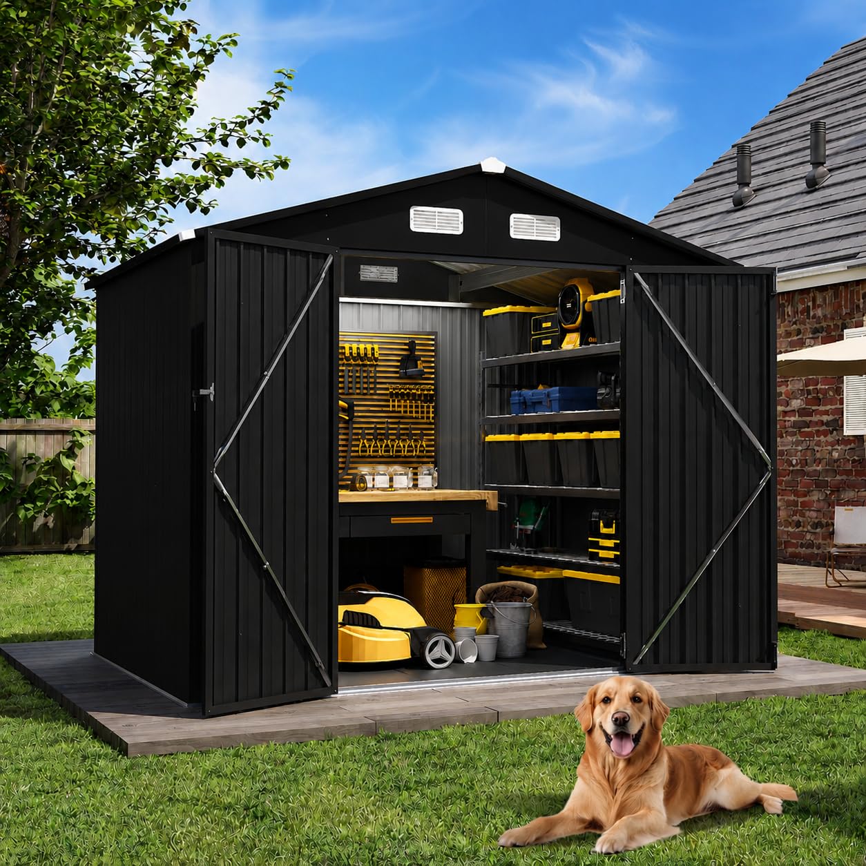 Aoxun 6x4 FT Metal Garden Storage Shed with Floor Apex Roof Black