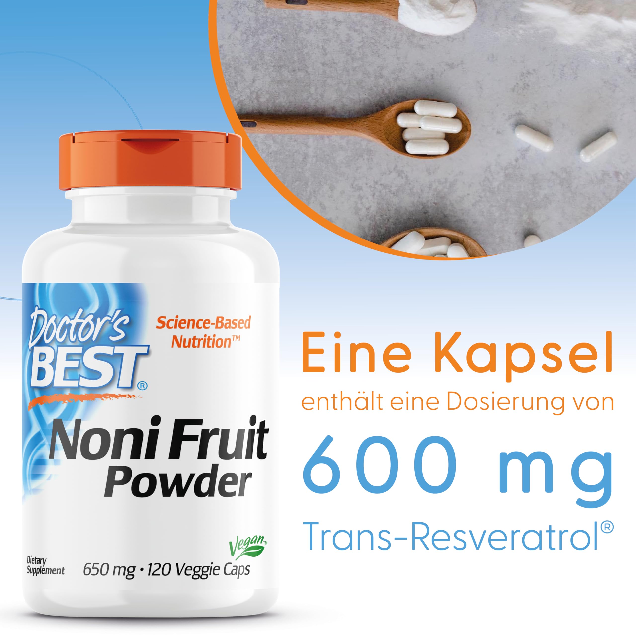 Doctor's Best, Noni Fruit Powder, 650mg, 120 vegane Kapseln, Laborgeprüft, Glutenfrei, Sojafrei, Vegetarisch