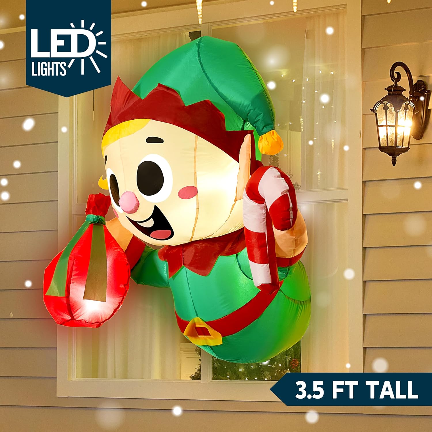 Joiedomi 3.5 FT Tall Christmas Inflatable Santa Elf Broke Out from Window with Built-in LEDs，Blow Up Elf Holding Gift Bags and Candy Cane for Window Decor, Xmas Outdoor Yard Garden Lawn Holiday Décor