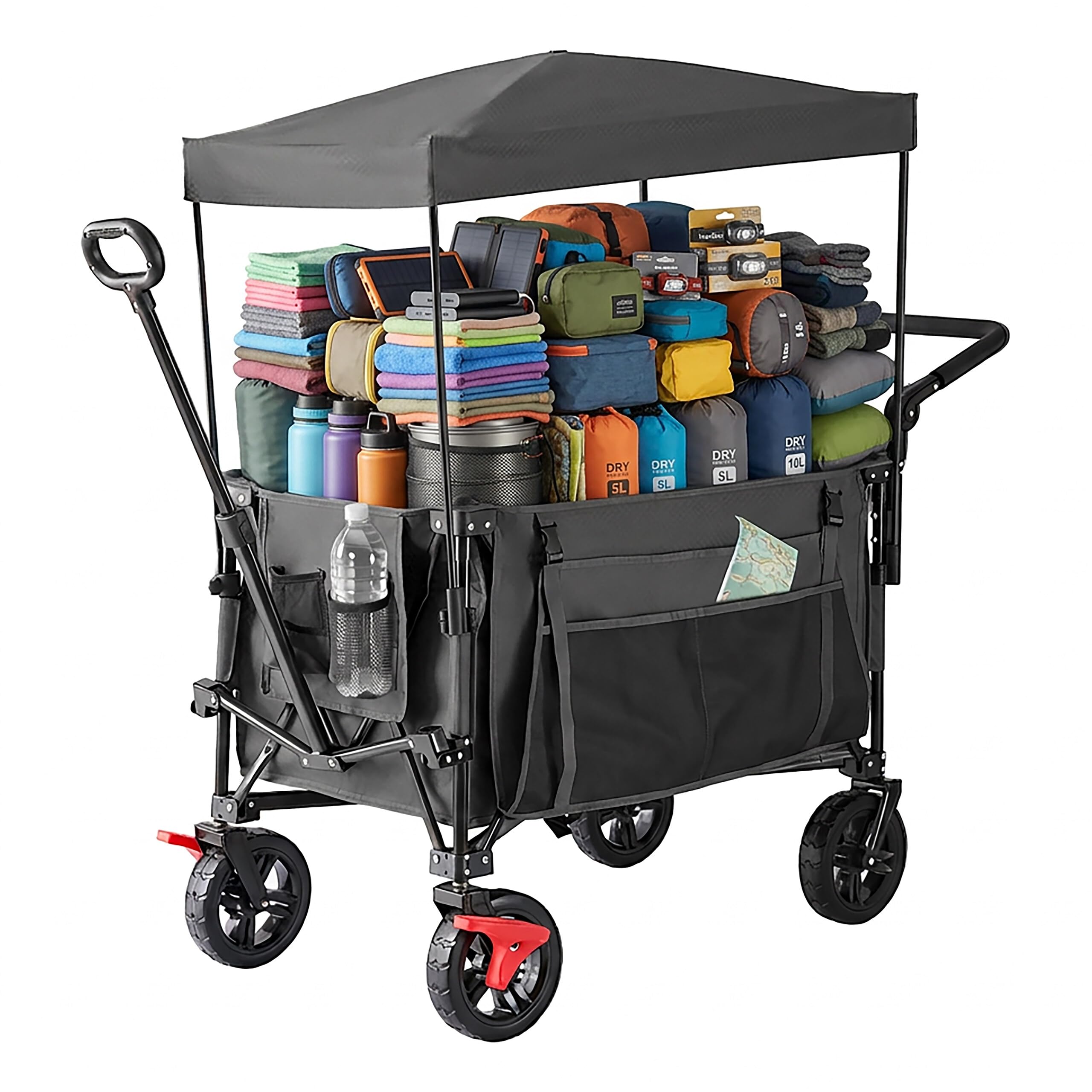 Relaxdays Carrello Pieghevole 150 kg, Tettuccio, Manico Telescopico, Ruote con Freno, Grigio 131x54x97 cm