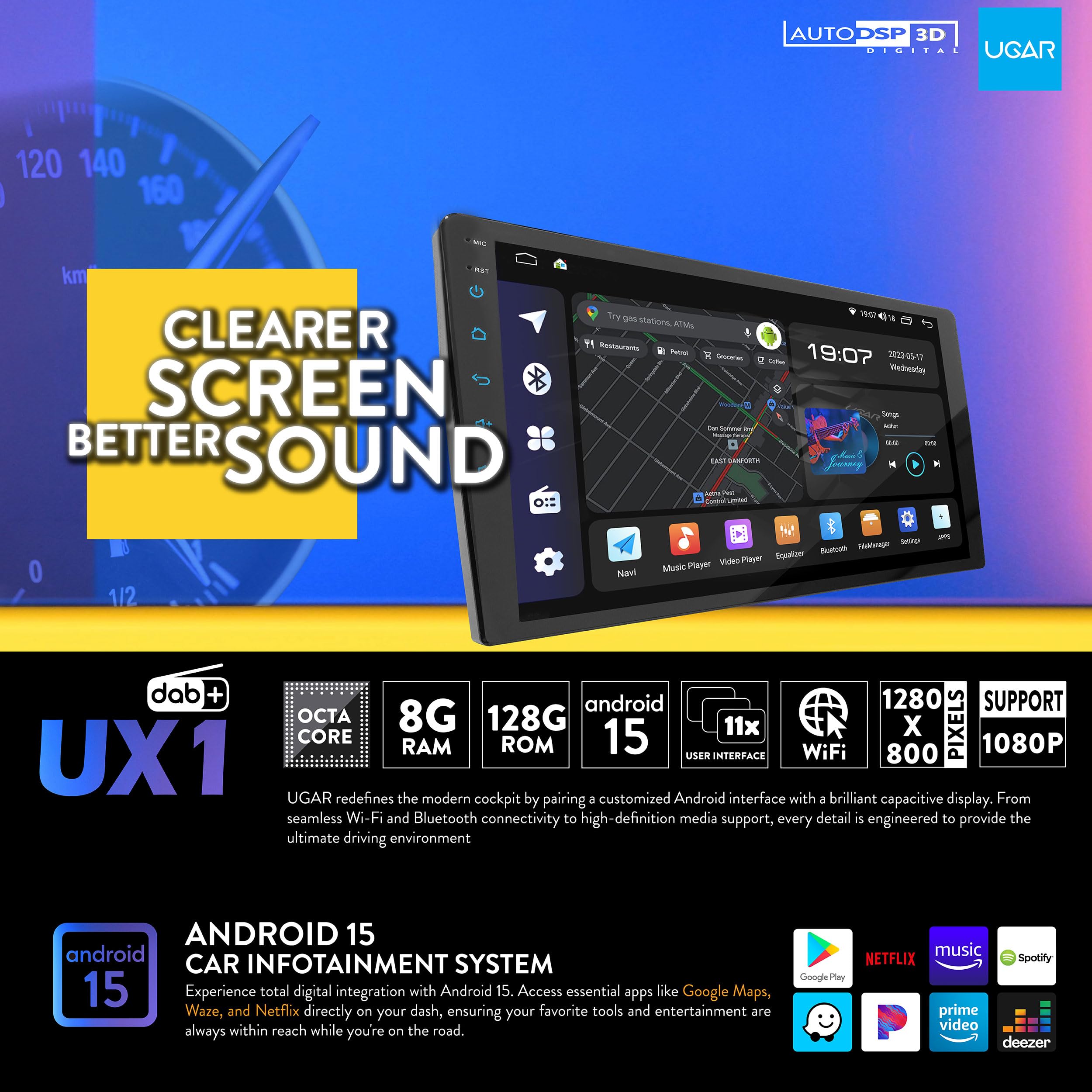 Autoradio UGAR Android 15 compatibile per HYUNDAI Tucson 2015-2018 9 pollice Autoradio touchscreen con CarPlay wireless e Android Auto, 8 GB + 128 GB, Bluetooth, WiFi, DSP, DAB+, navigazione GPS