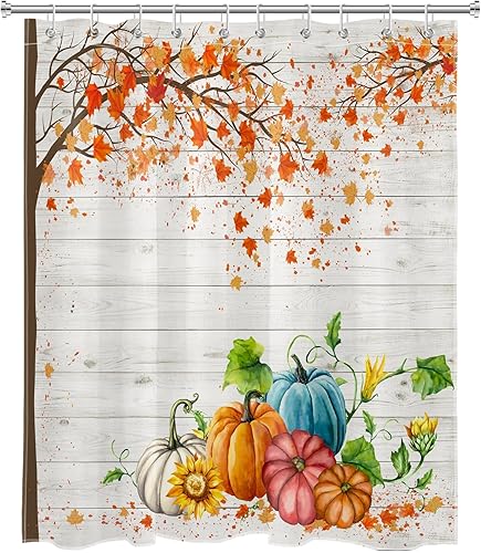 Miniatura 10 de LB Fall Pumpkin Shower Curtain Sets with Rugs Orange Maple and Sunflower with Green Leaf on Wood Fabric Shower Curtain with Hooks Farmhouse