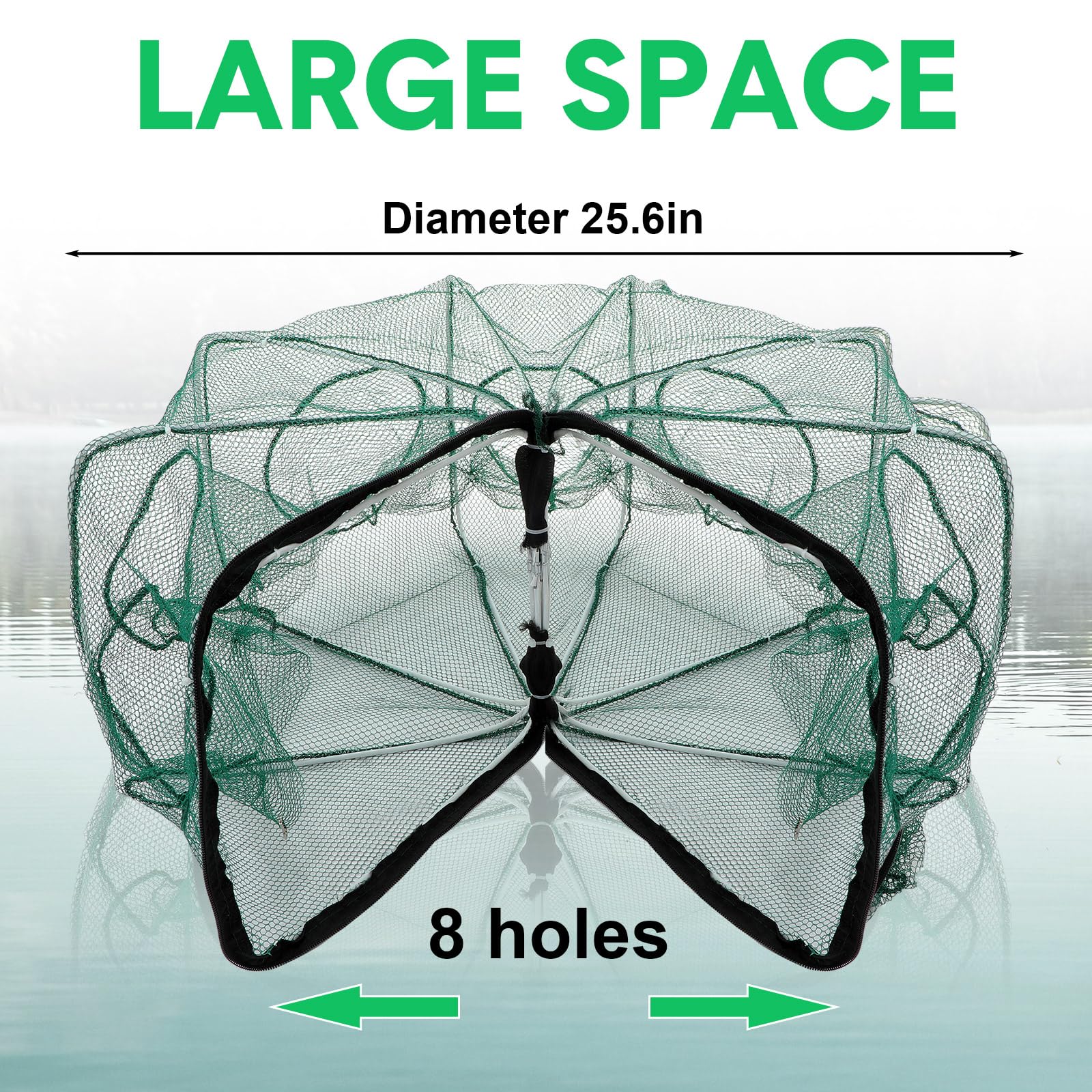JaGely 5 accesorios de red de pesca que incluyen red de aterrizaje de pesca con asa, red de fundición plegable portátil de 26 x 13 pulgadas, 8 agujeros y 8 lados, trampa de cebo de pesca plegable, red