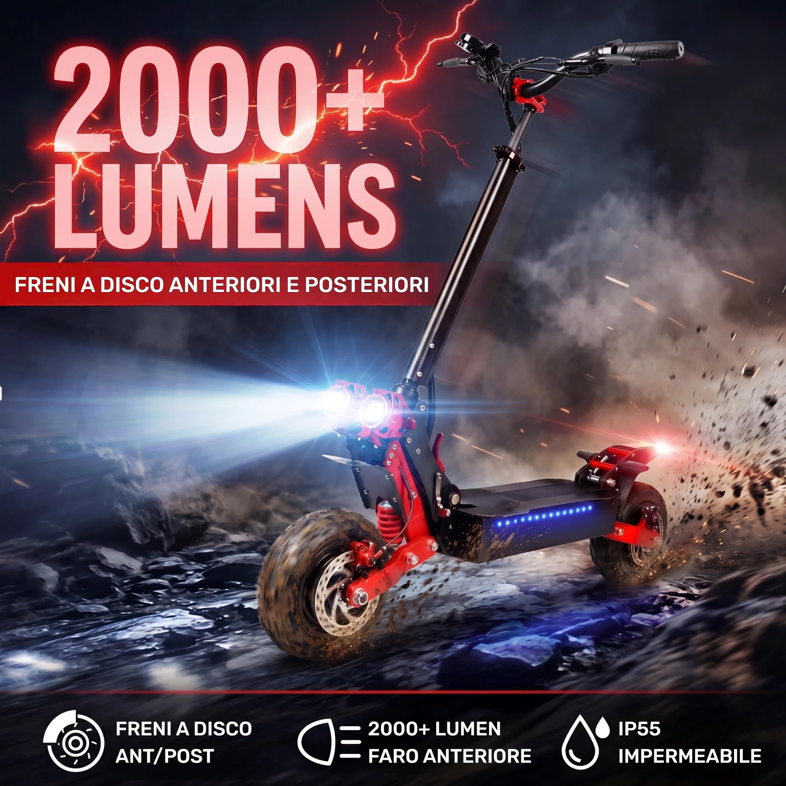 HX3 PRO Monopattino Fuoristrada, 60km Range, 65Nm, 48V 21Ah, Gomme 11" All-Terrain, Doppia Sospensione, 2000LM, NFC, Freni a Disco F/R