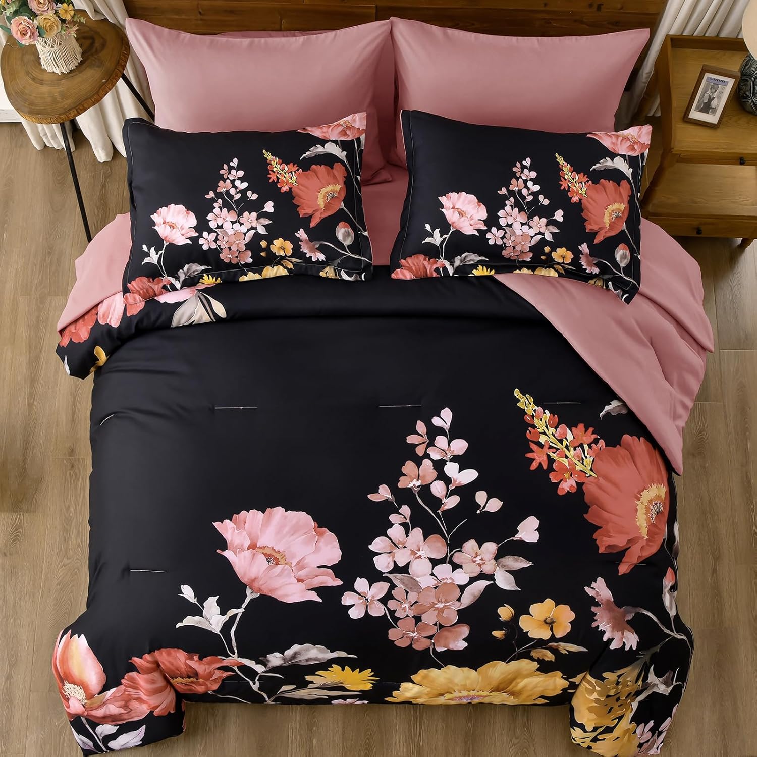 DJY Floral King Comforter Set - 7 Pieces Black & Blush Floral Bed in a Bag with Flower Leaves Pattern, Soft Microfiber Botanical Comforter and Sheet Set, All Season Bedding Set (104''x90'') - Image 3