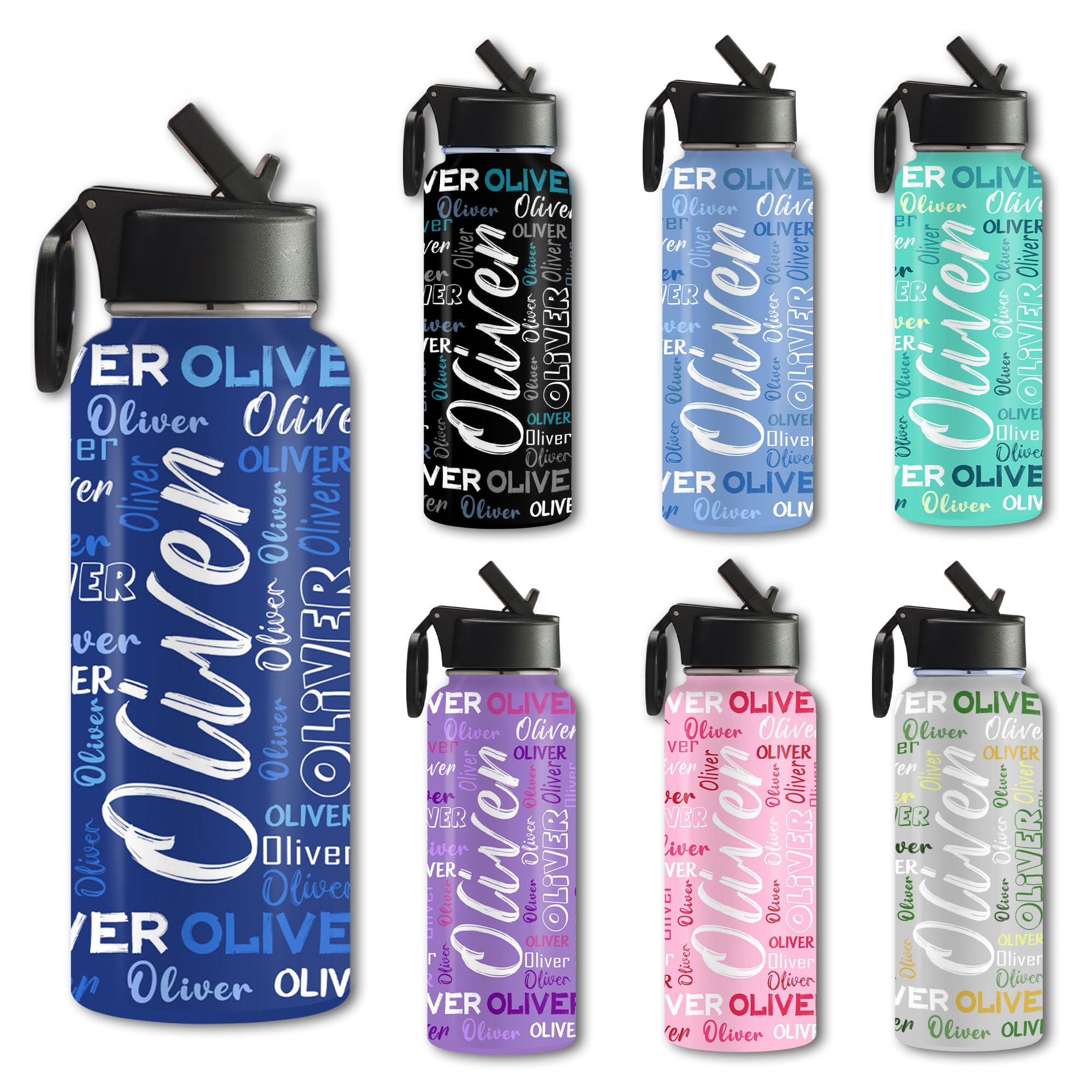 Custom 18oz 32oz Name Water Bottles for Kids Personalized Text Stainless Steel Sports Water Bottles with Straw-Double Wall