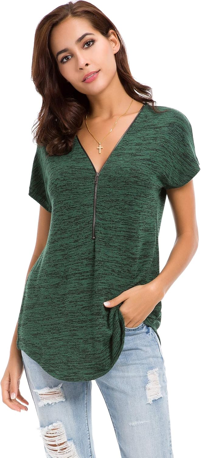 LUSMAY Women's Casual Zipper V Neck Short Sleeve Tunic Tops Loose Fitting T Shirts Blouse - Image 2