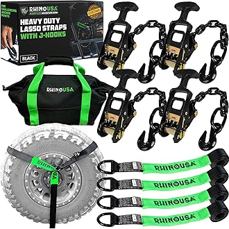 4-Pack 2 Inch x 8 Feet Heavy Duty T-Handle Car Hauler Tire Straps with J Hooks (Black, 10,000 lb Break Strength) - Compatible with Truck, SUV, Van, Passenger Car, UTV