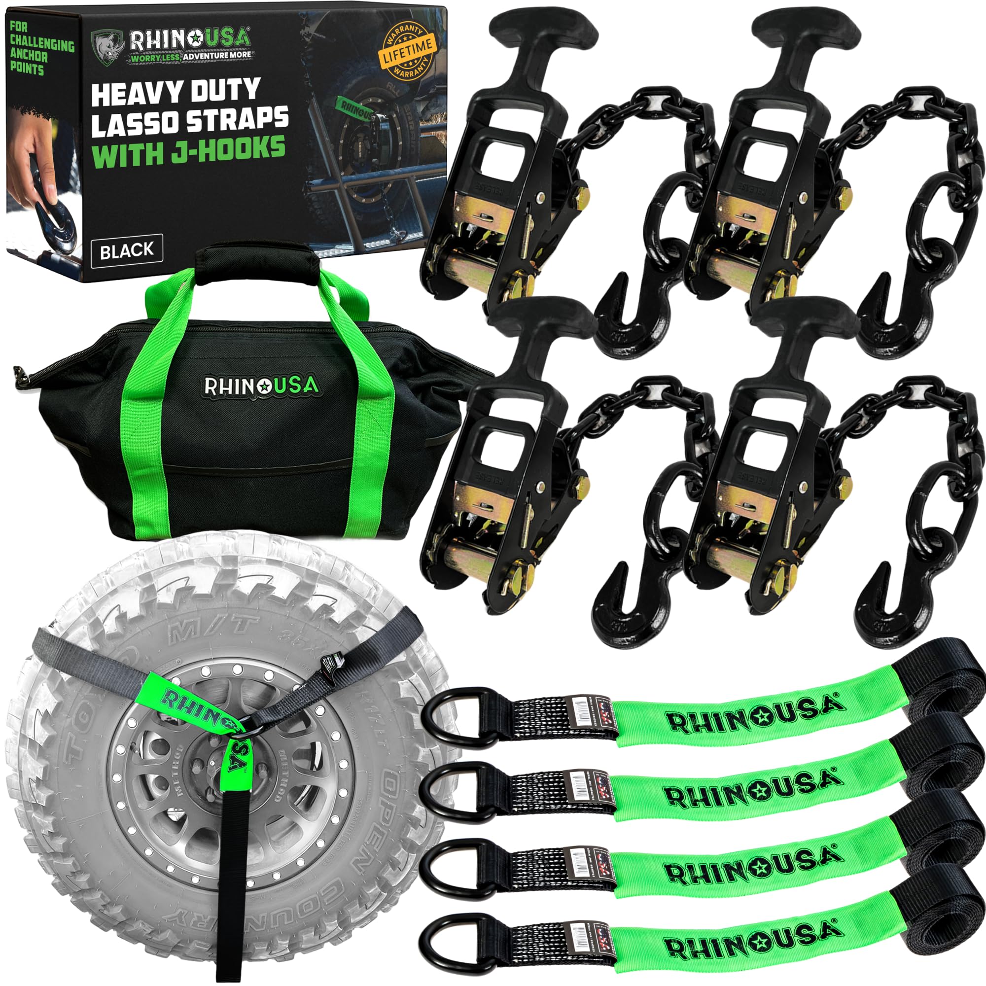 Rhino USA 4-Pack 2 Inch x 8 Feet Heavy Duty T-Handle Car Hauler Tire Straps with J Hooks (Black, 10,000 lb Break Strength) - Compatible with Truck, SUV, Van, Passenger Car, UTV
