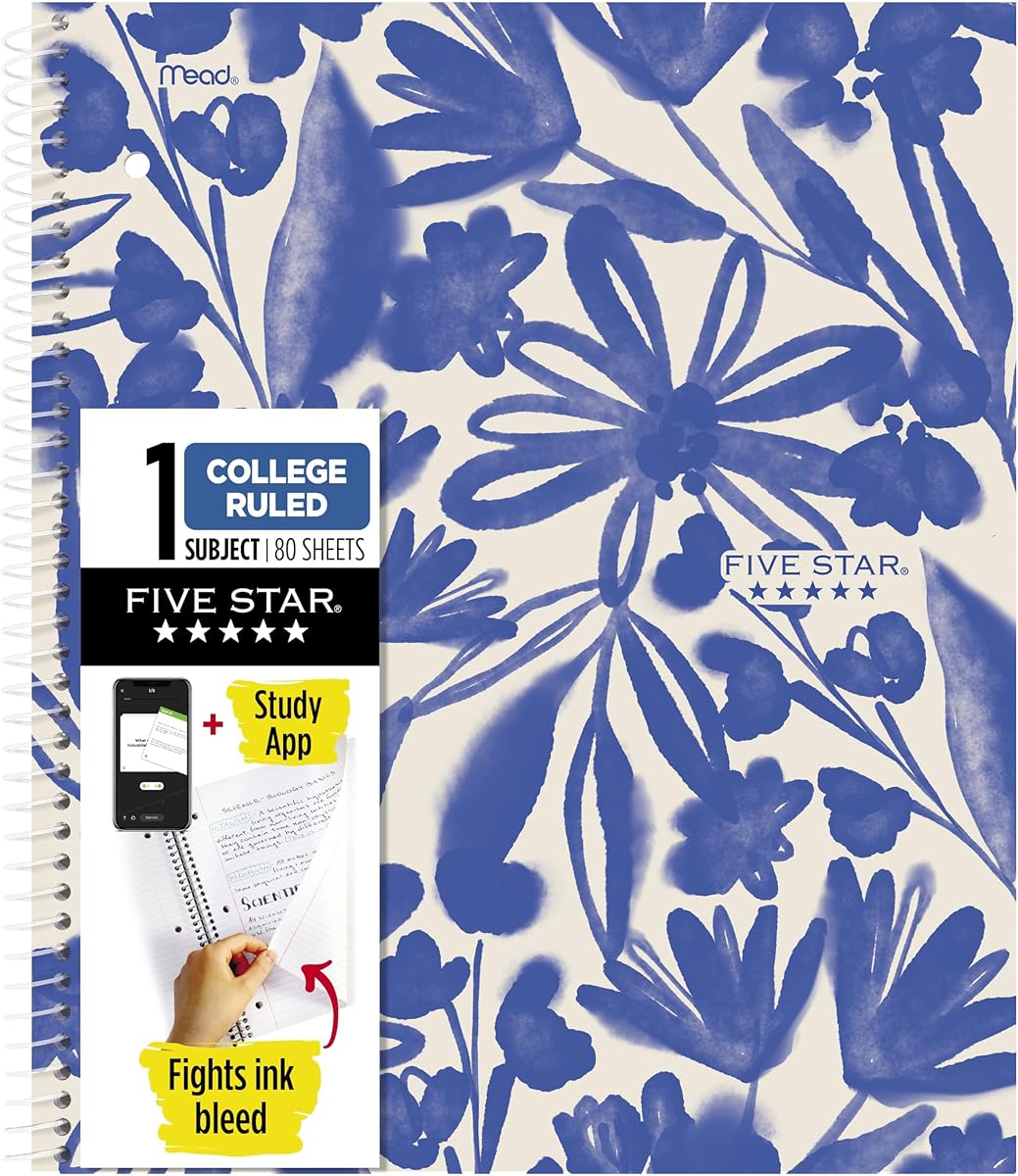 Five Star Spiral Notebook + Study App, 1 Subject, College Ruled Paper, 8-1/2" x 11", 80 Sheets, Fights Ink Bleed, Water Resistant Cover, Soft Petals Blue (820441F-ECM) : Everything Else