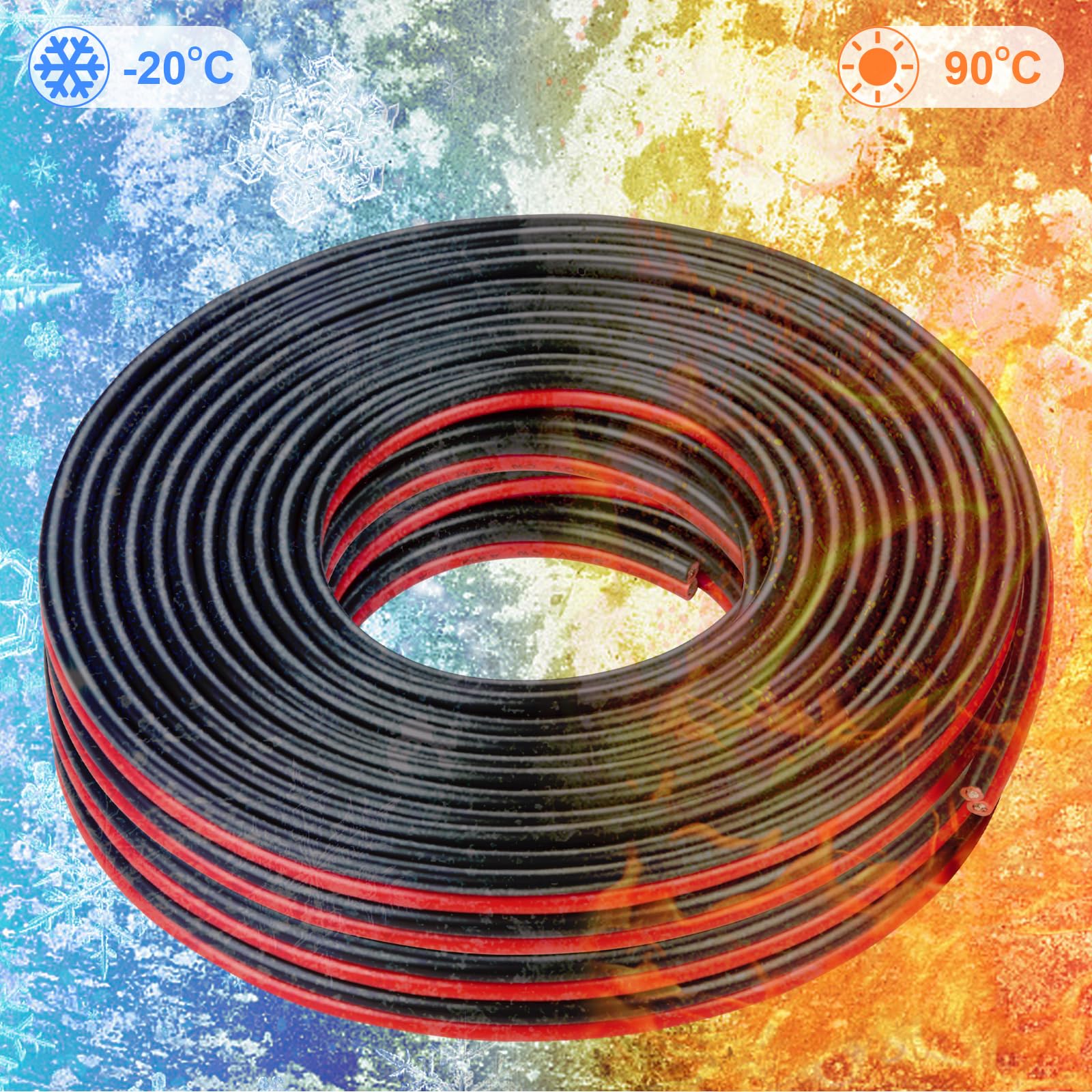Fil électrique en cuivre étamé 12 AWG – 15,2 m, 2 conducteurs parallèles, noir, isolation en PVC, panneau solaire, LED, automobile, camping-car, onduleur