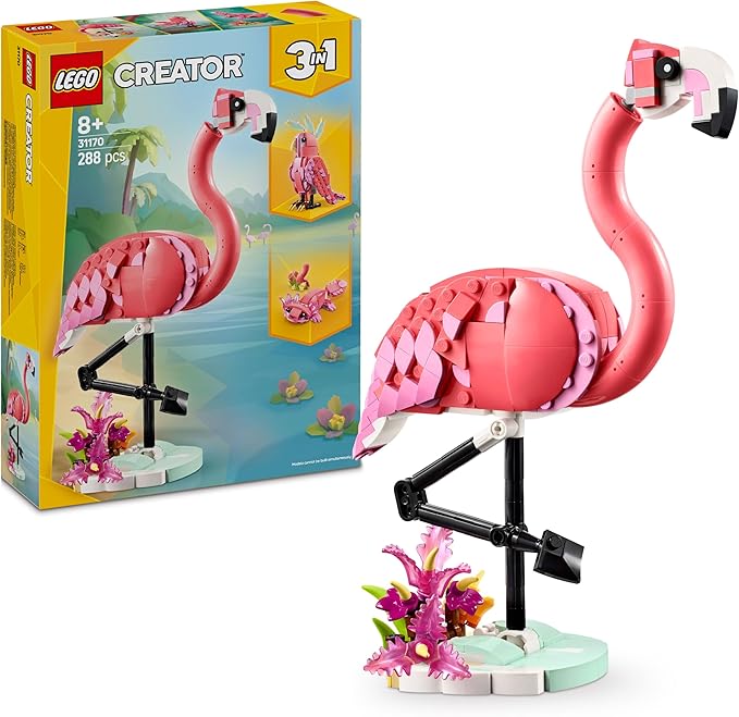 LEGO Creator 3 en 1 Fauna Salvaje: Flamenco Rosa de Juguete - Transformable en Cacatúa o Ajolote - Juego con Figuras Articuladas de Animales - Regalo de Cumpleaños para Niñas y Niños de 8+ Años 31170