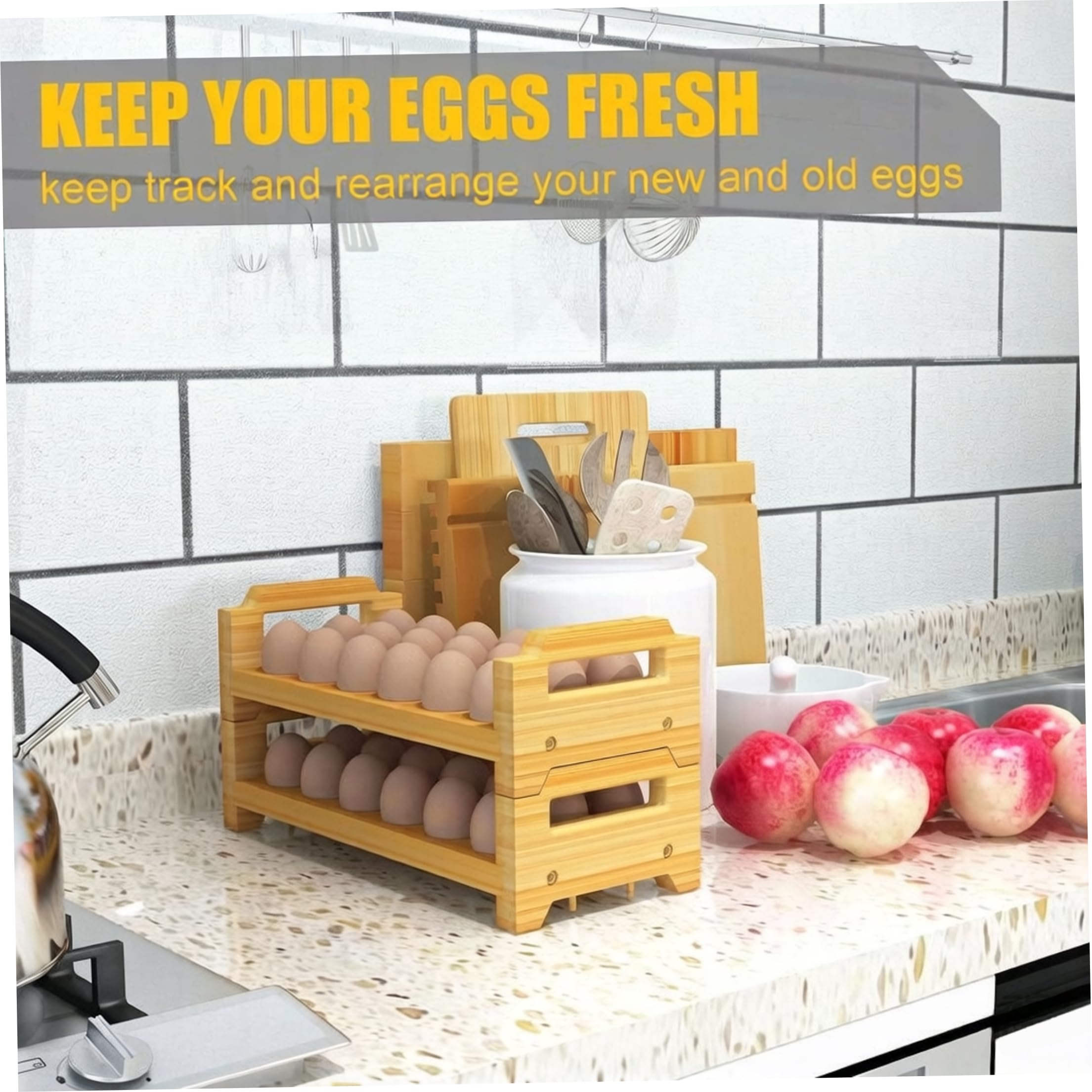 Huevera de bambú de 2 niveles con asa, bandeja apilable para huevos para almacenamiento en cocina y refrigerador, Color Bambú