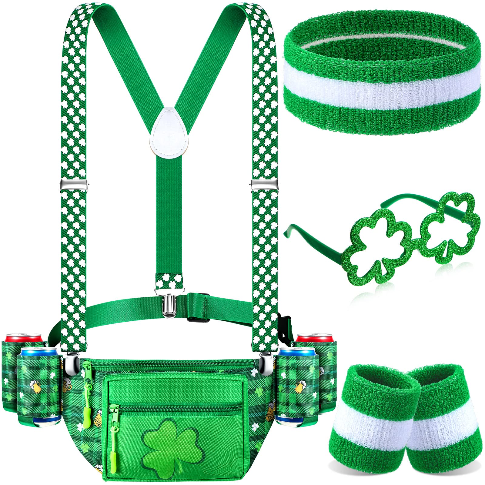 Chunful 10 Pcs St Patricks Day Fanny Pack Shamrocks Belt Bag Fanny Pack with Suspenders Drink Holder Wristband
