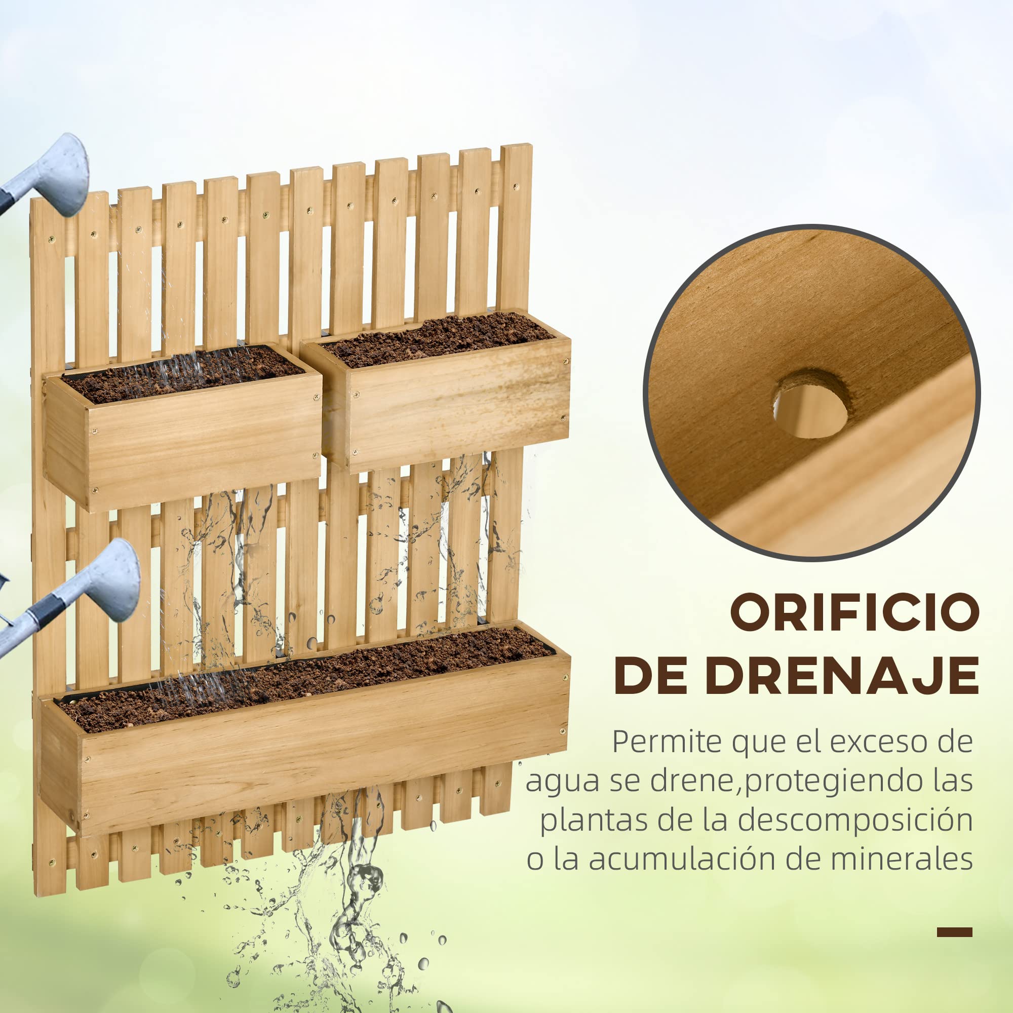 Outsunny Jardinera de Pared con Enrejado 3 Macetas 60x16x80 cm Natural | Jardinera Exterior Grande de Madera, Macetas Móviles, Orificio de Drenaje, para Exterior, Jardín, Terraza, Patio
