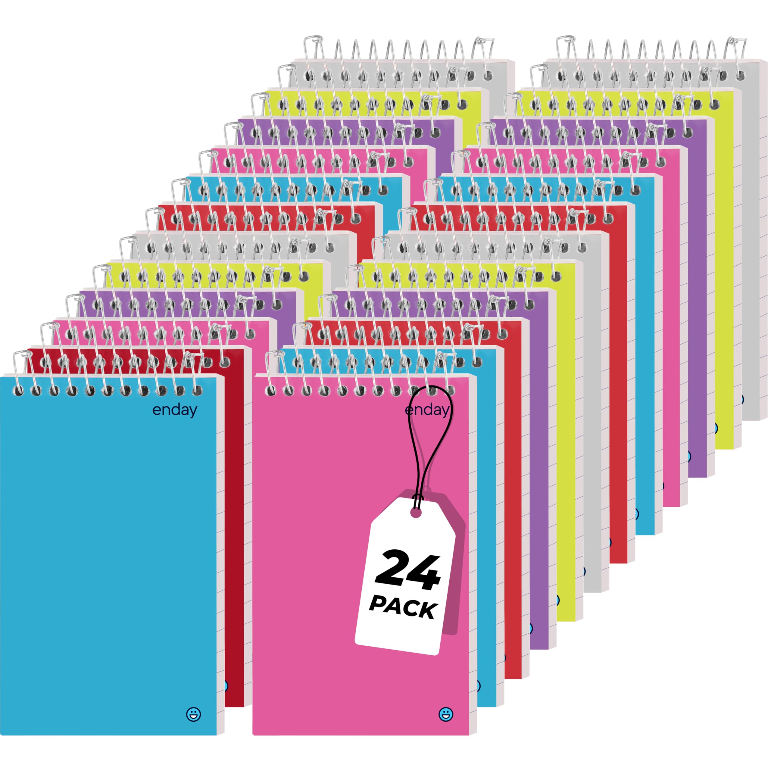 Enday Taccuino tascabile, piccoli taccuini a spirale, 75 fogli, 75 fogli, mini blocco note in rosa, viola, verde, blu, rosso, grigio (confezione da 24)