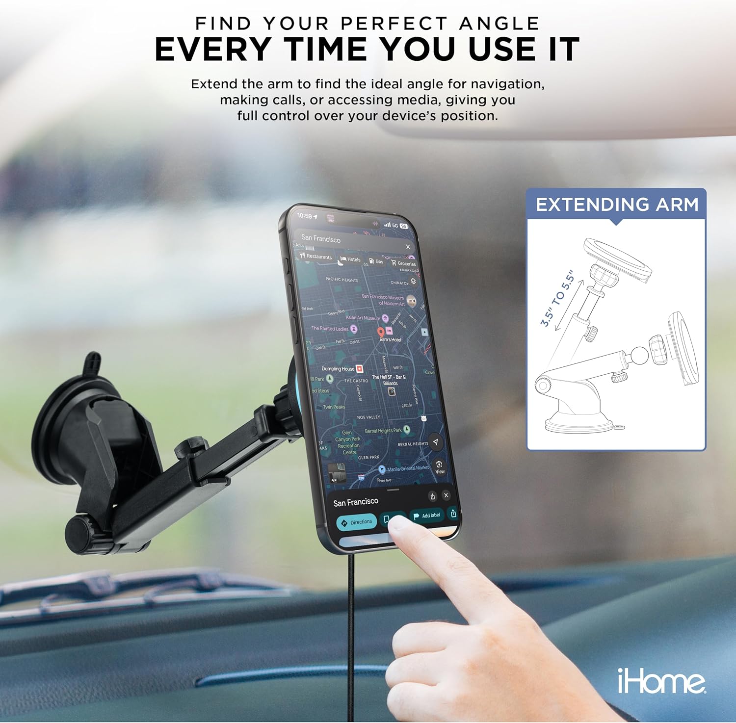 iHome mount with an extendable arm showing a smartphone displaying a navigation map.