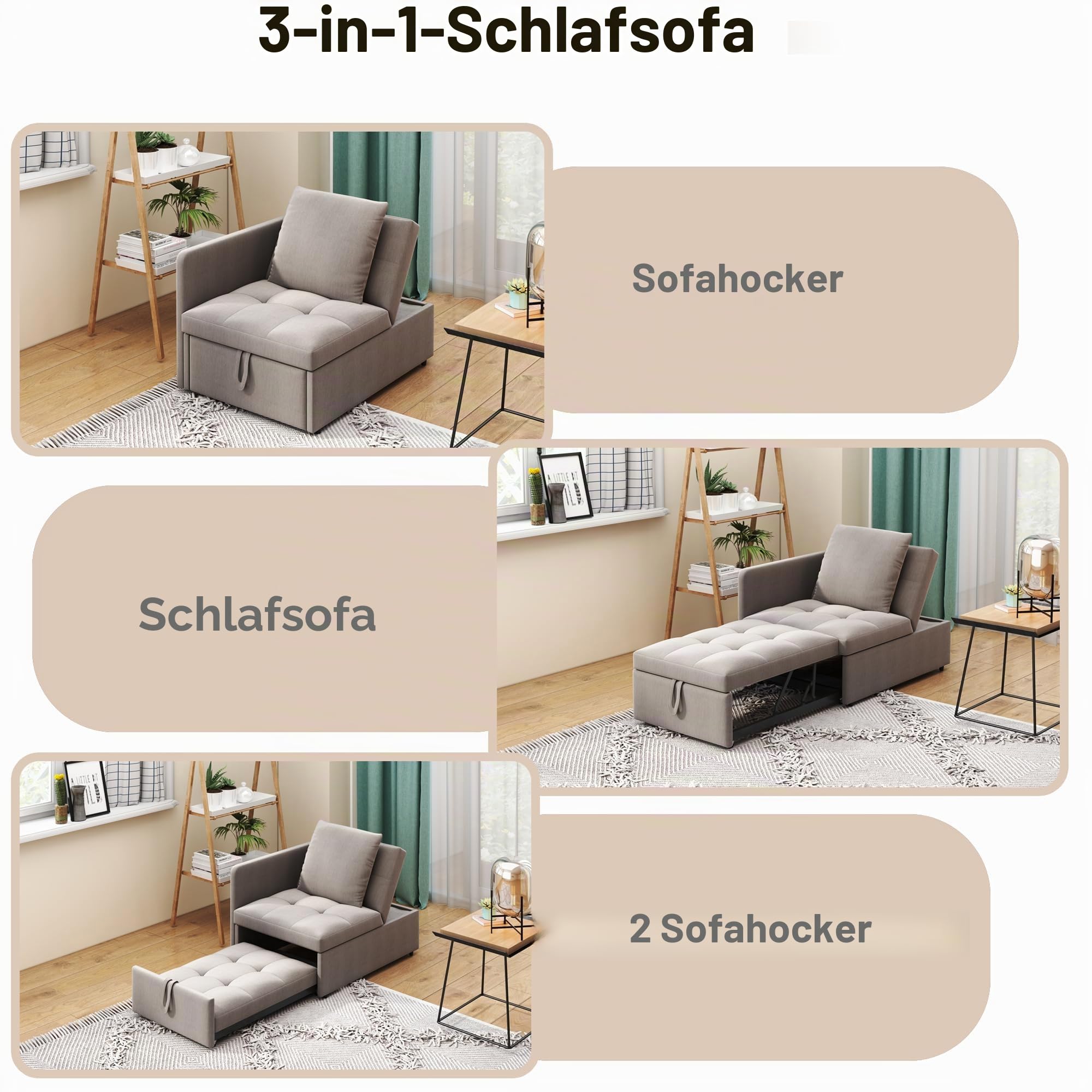 3-in-1-Schlafsofa mit Schlaffunktion, Klappsofa, Sofa Hocker, 5-Fach verstellbare Rückenlehne, Leinenstoffsofa, Schlafsessel für Wohnzimmer & Gästezimmer. (Grau A)