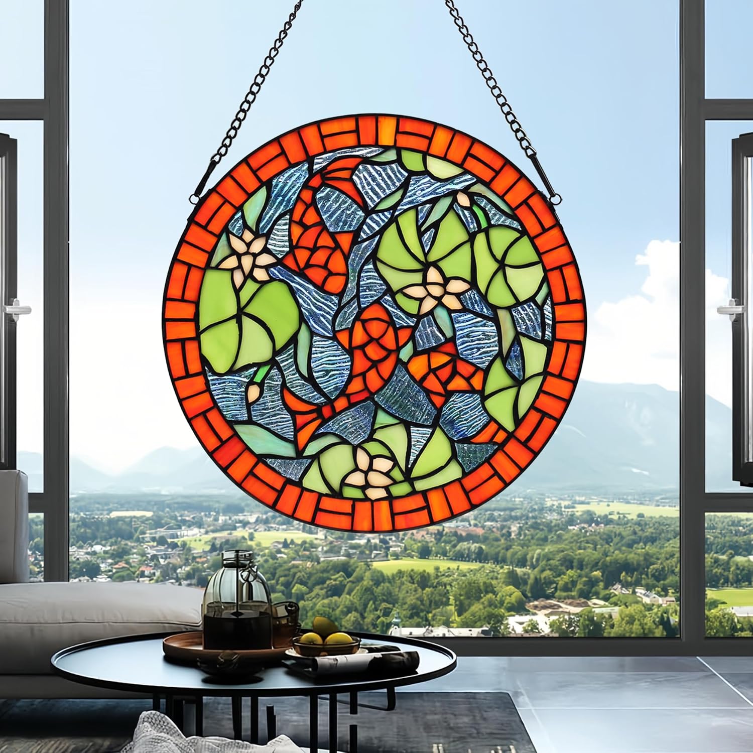 bwkoiujes Carp Stained Glass Window Hanging 12" Diameter Tiffany Animal Style Red Koi Suncatcher Wall Decor Art Panel Include 20" Chain and Hooks The Perfect Housewarming Gift