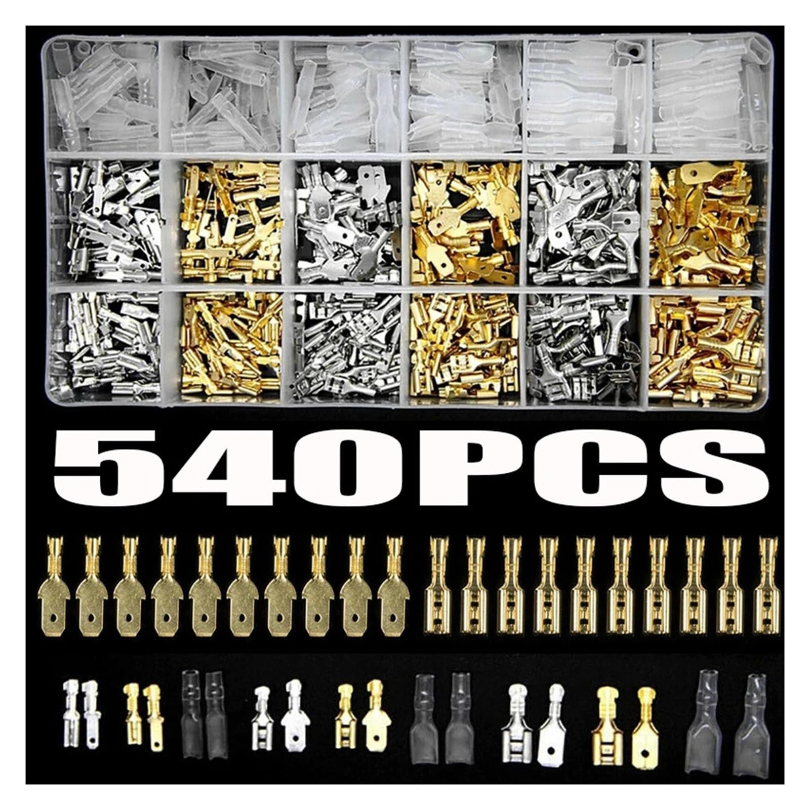 Kit surtido de 540 terminales de crimpado aislados de 2,8/4,8/6,3 mm for conectores de cables eléctricos sellados.